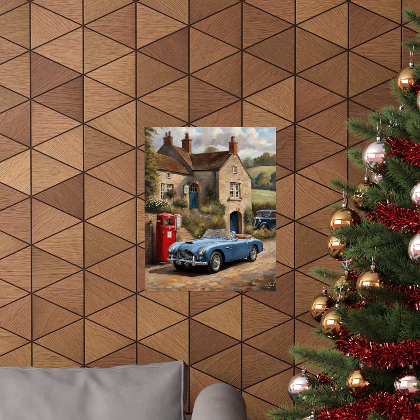 Charming Vintage Car Art Poster displayed on a wooden wall near a Christmas tree and cozy decor