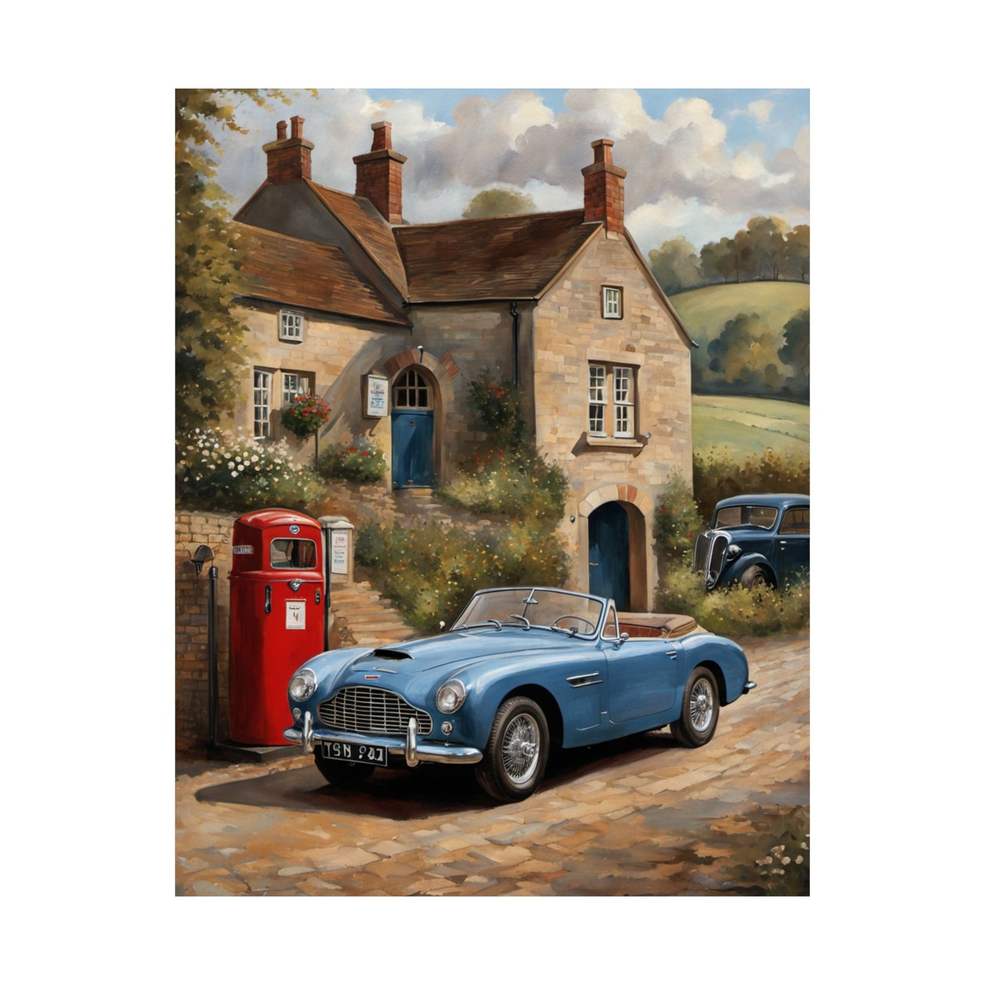 Charming Vintage Car Art Poster featuring a classic blue convertible by a scenic countryside house
