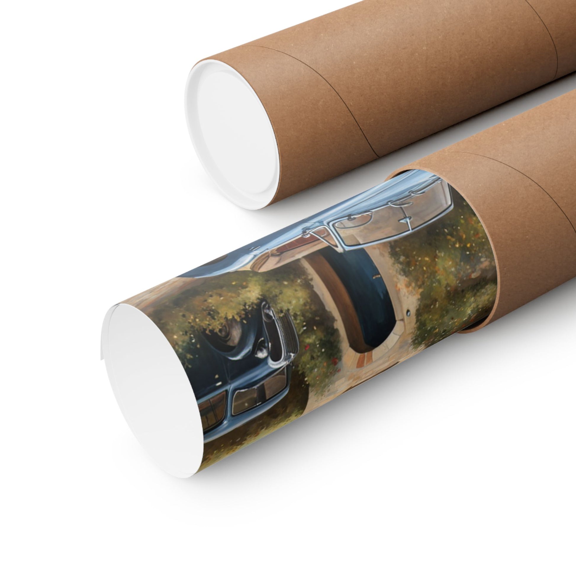 Charming Vintage Car Art Poster rolled up in a natural brown tube for art lovers and decor enthusiasts