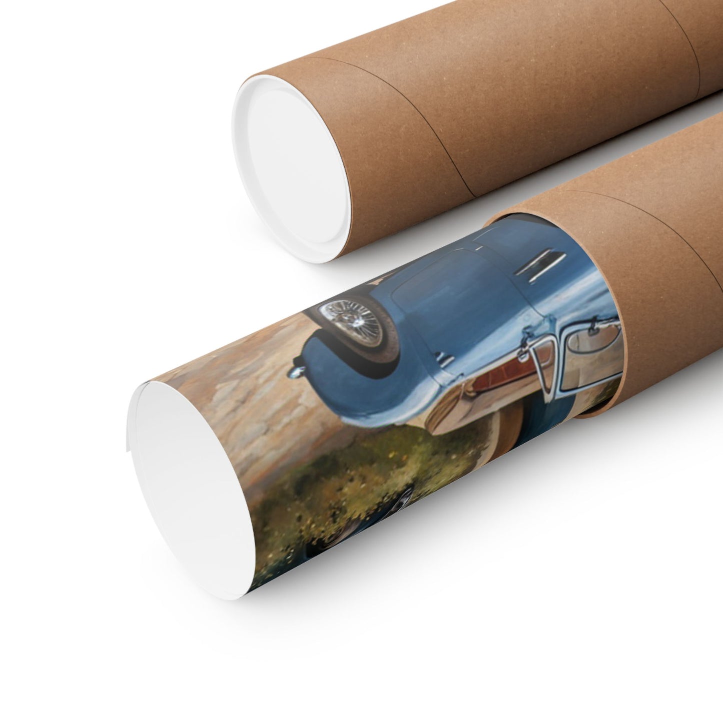 Charming Vintage Car Art Poster rolled in a protective tube for easy transport and storage