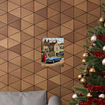 Charming Vintage Car Art Poster displayed on a wood-patterned wall with a holiday tree in the foreground
