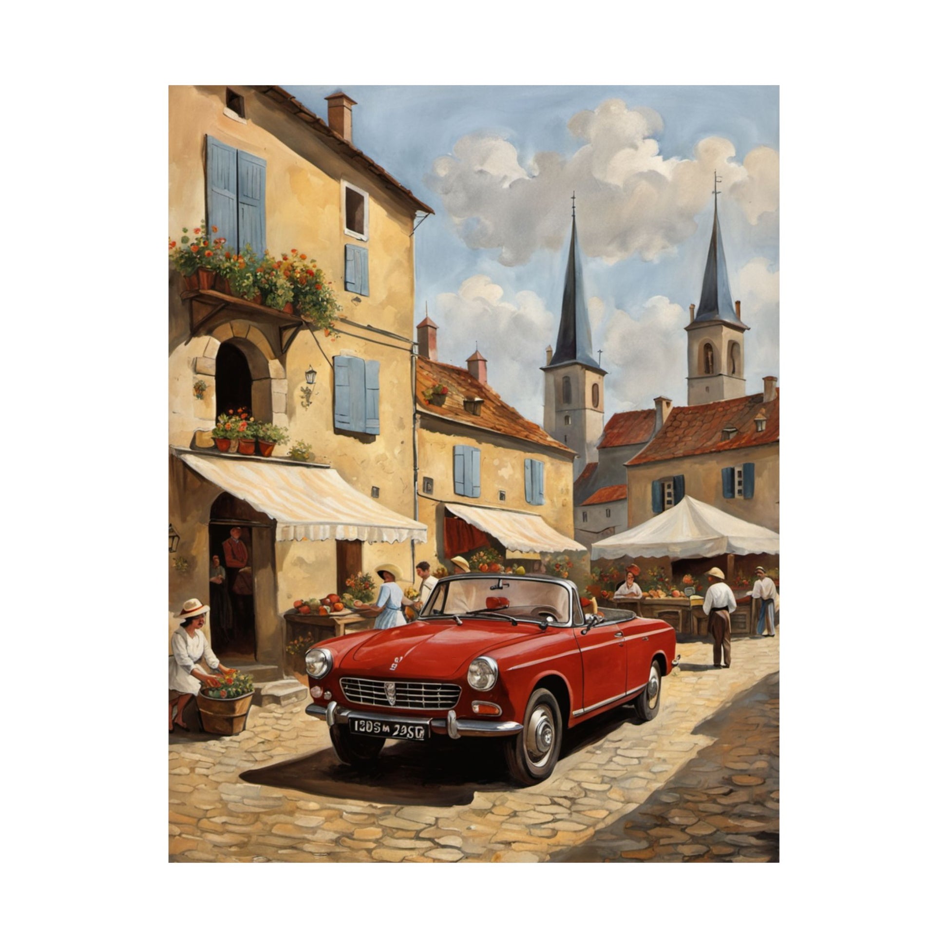 Charming Vintage Car Vertical Poster featuring a red convertible in a picturesque village setting