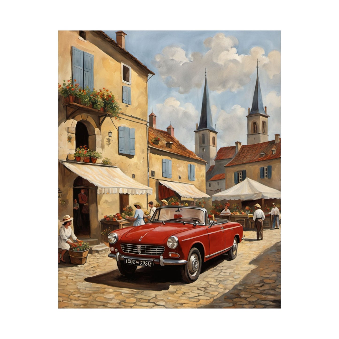 Charming Vintage Car Vertical Poster featuring a red convertible parked in a quaint European village