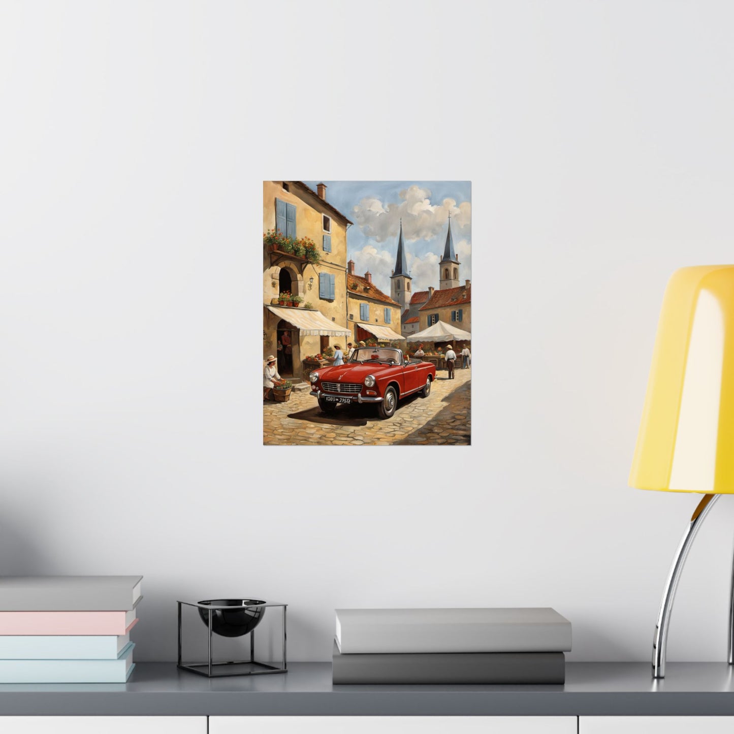 Charming Vintage Car Vertical Poster featuring a red car in a picturesque street scene