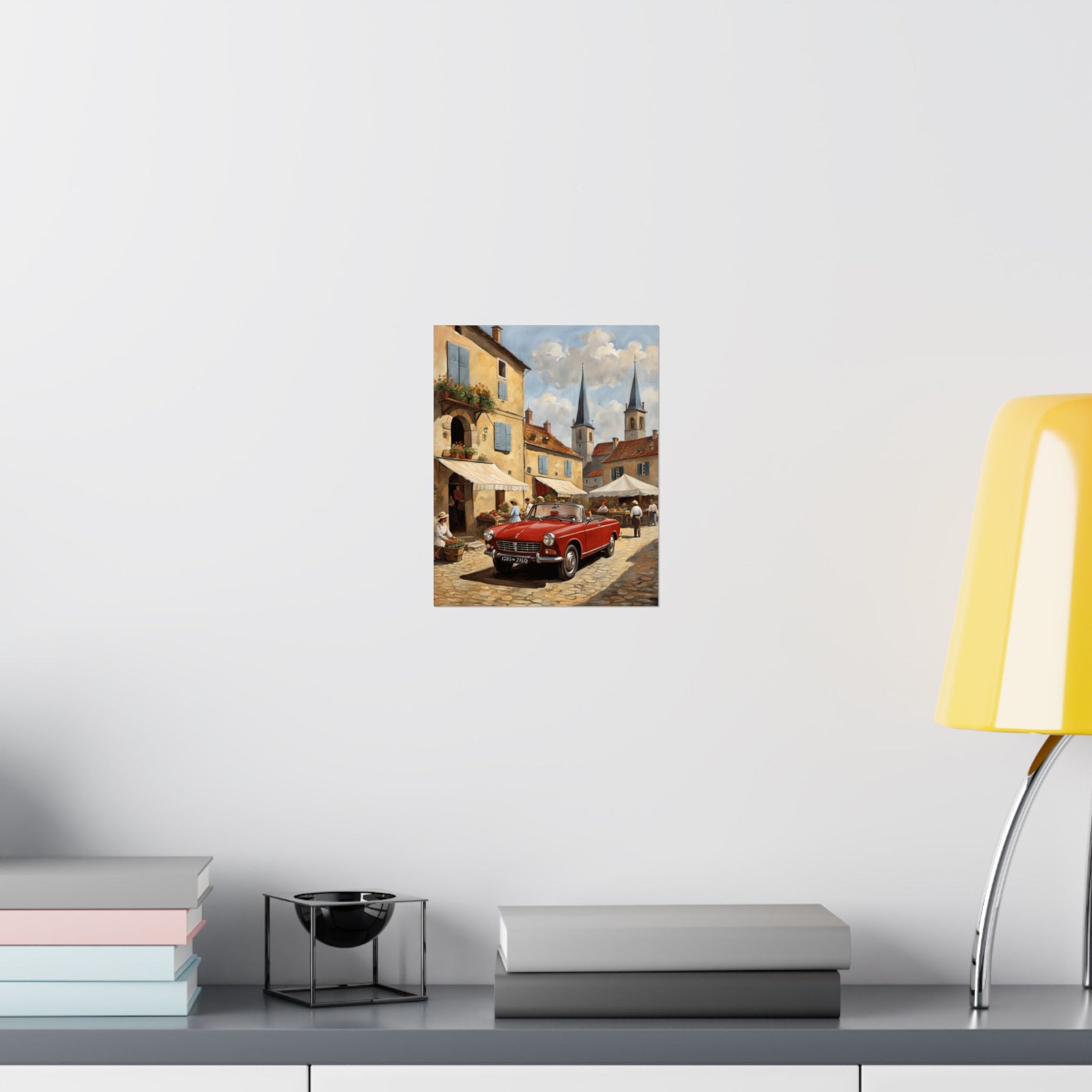 Charming Vintage Car Vertical Poster featuring a classic car in a picturesque town setting