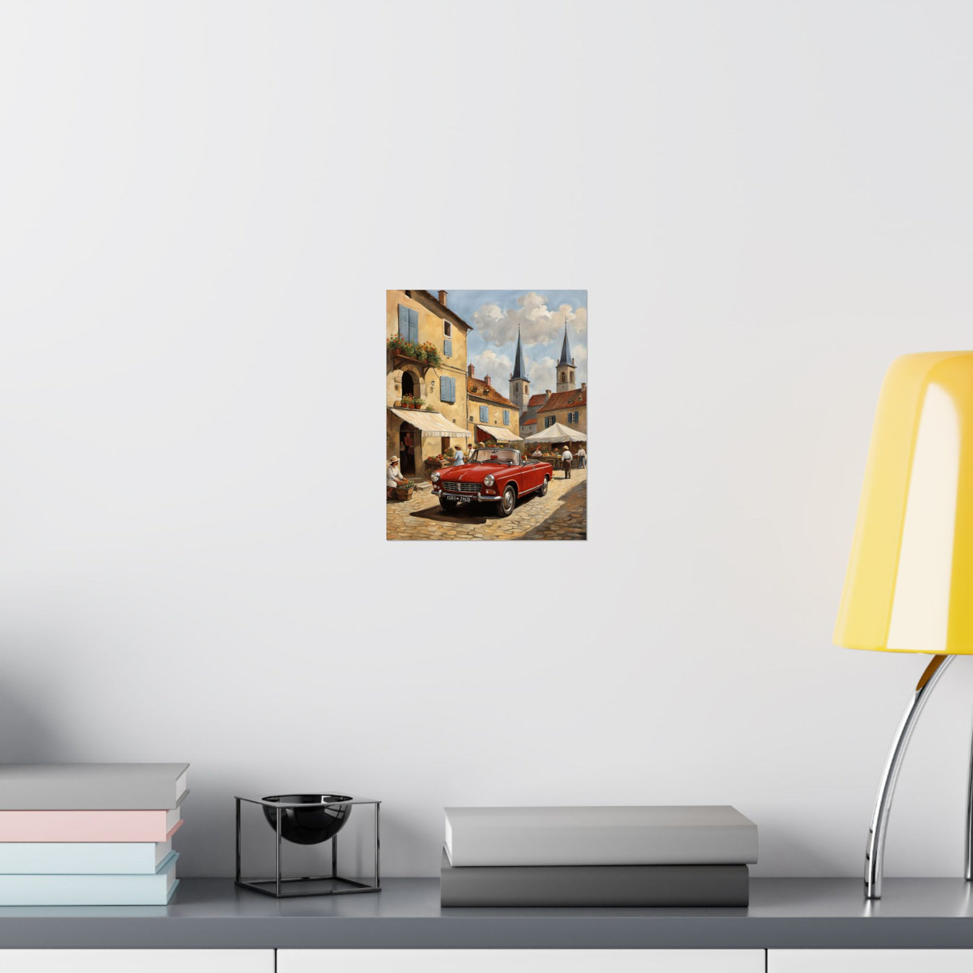 Charming Vintage Car Vertical Poster featuring a classic car in a picturesque town setting