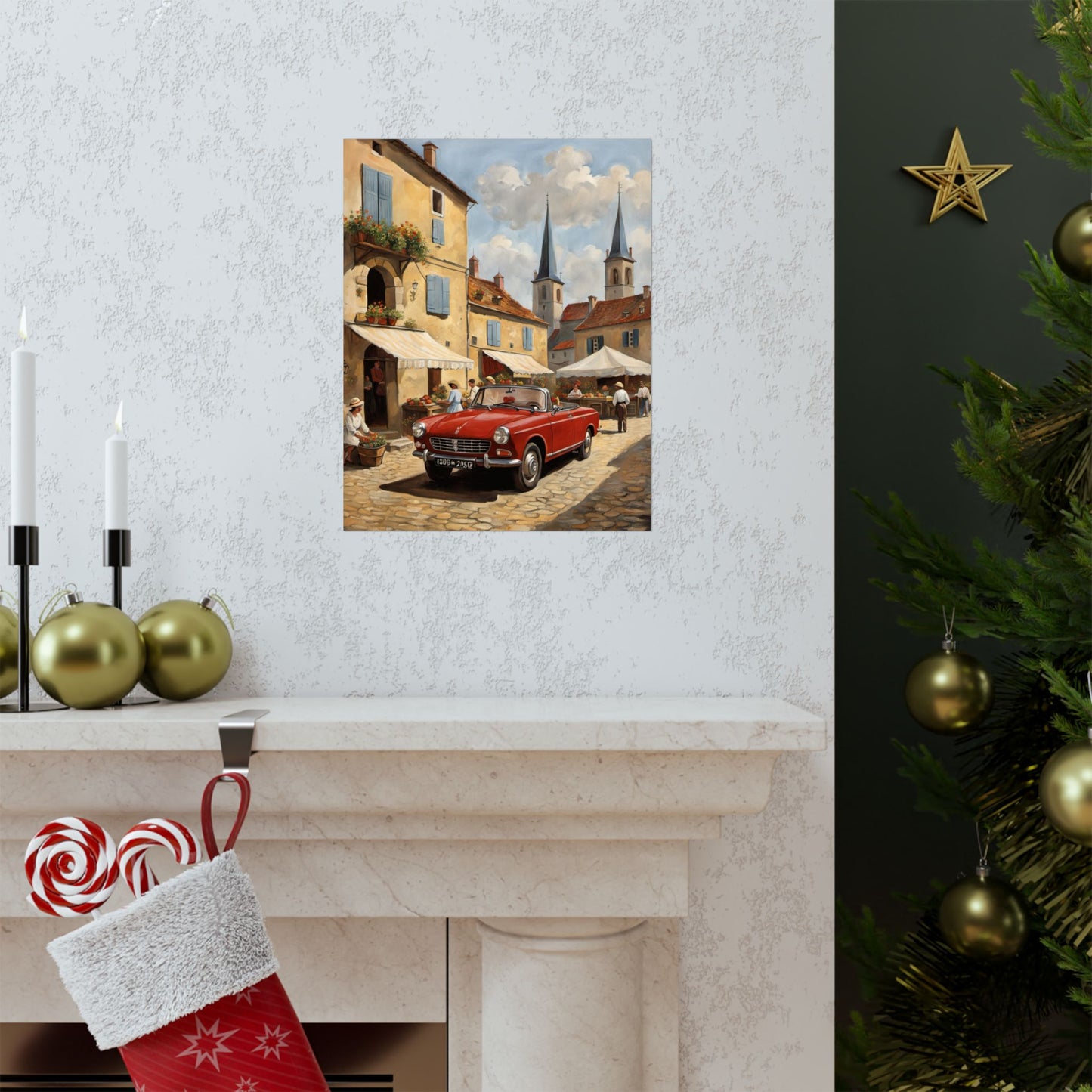 Charming Vintage Car Vertical Poster depicting a red car in a picturesque town setting