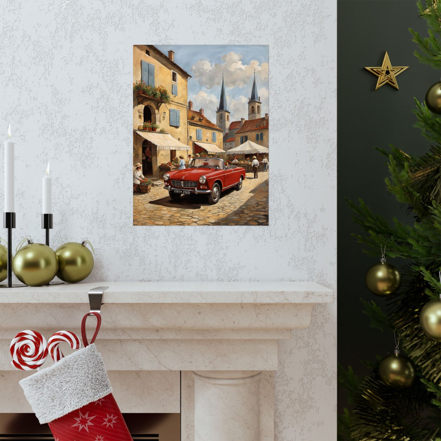 Charming Vintage Car Vertical Poster featuring a classic red car in a picturesque town square