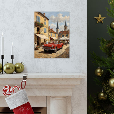 Charming Vintage Car Vertical Poster featuring a classic red car in a picturesque town square