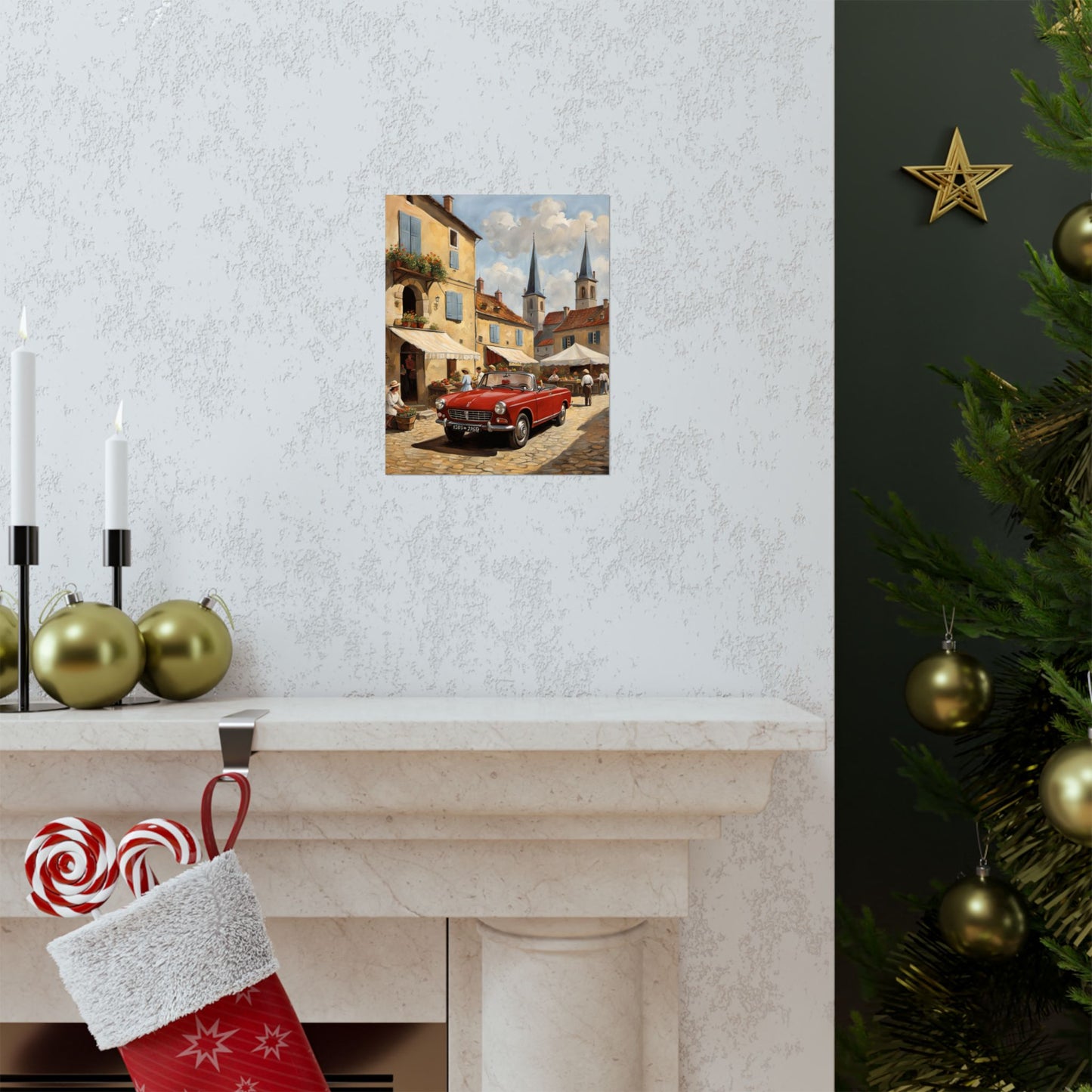 Charming Vintage Car Vertical Poster displayed on a bright wall above a festive mantelpiece