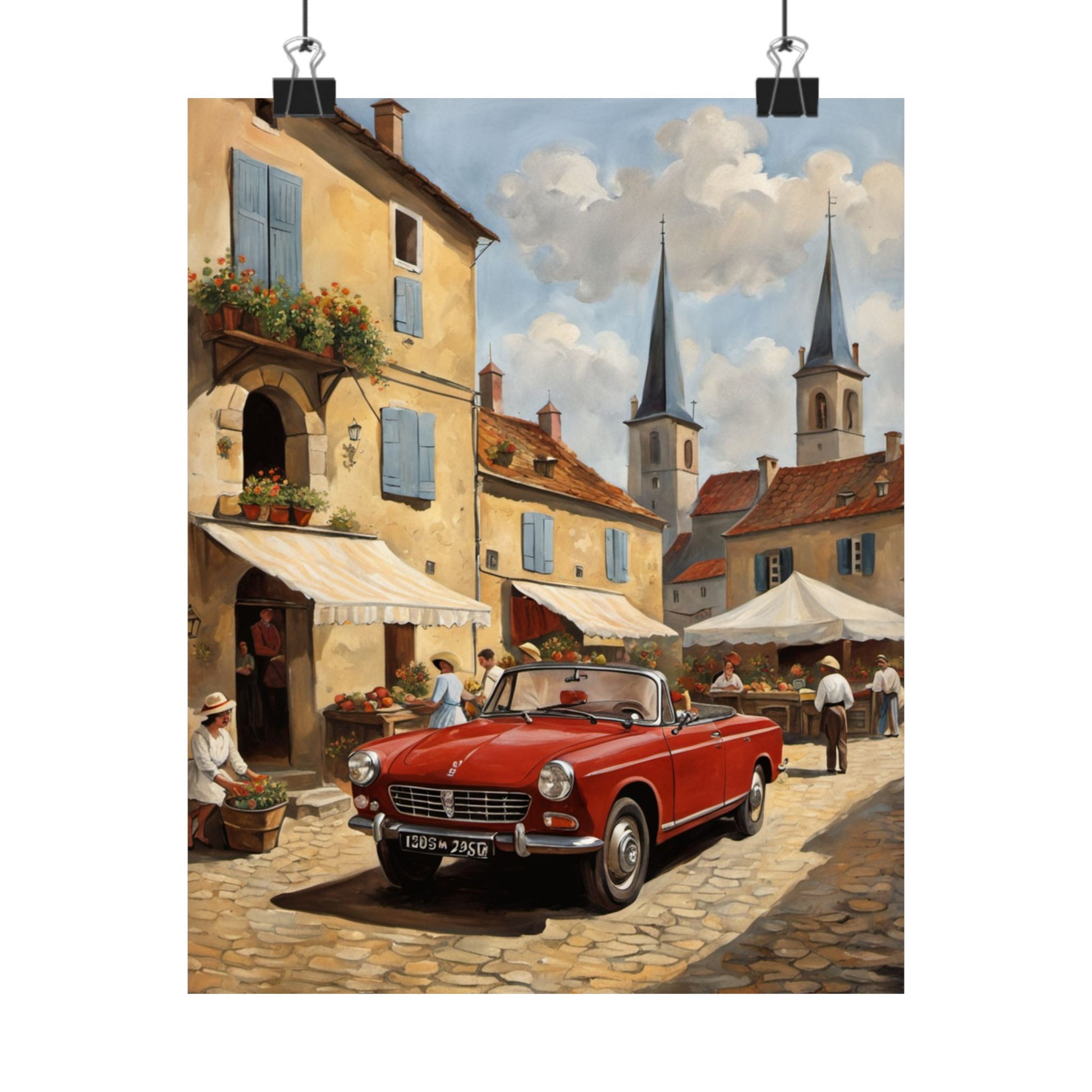 Charming Vintage Car Vertical Poster featuring a classic red car in a picturesque village scene