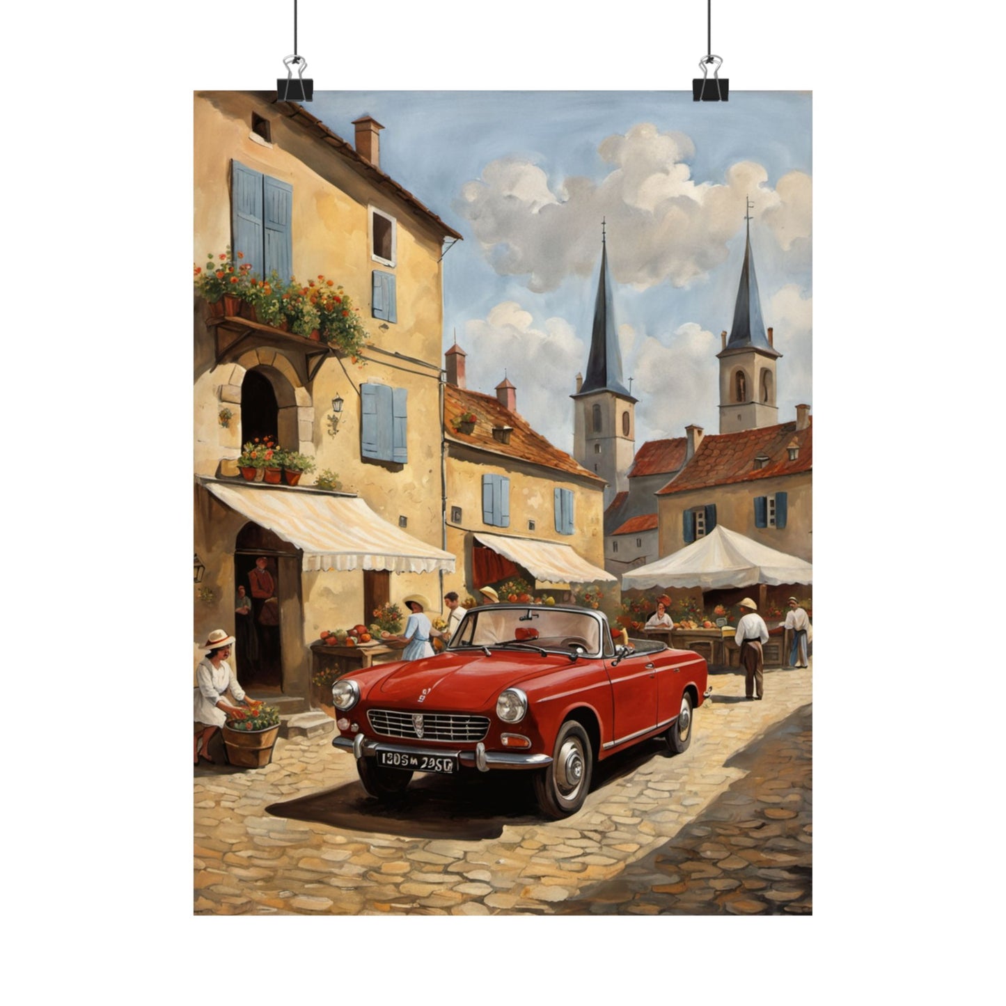 Charming Vintage Car Vertical Poster featuring a red classic car in a picturesque European street scene