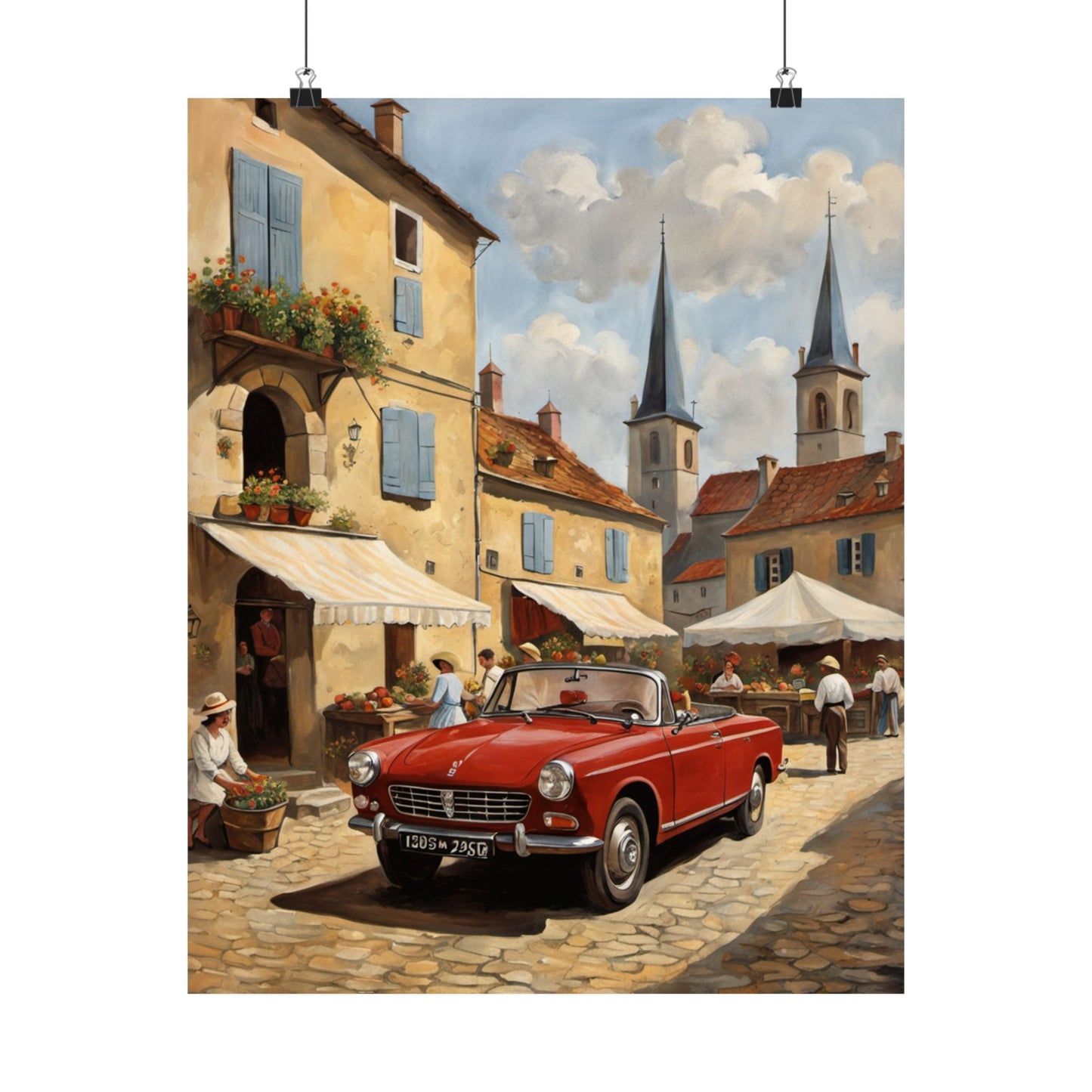 Charming Vintage Car Vertical Poster featuring a red car in a picturesque European village scene