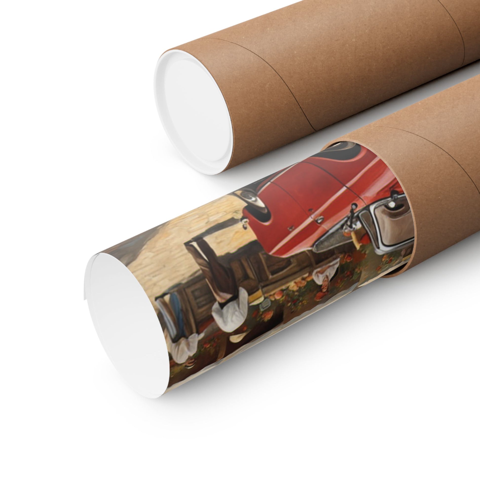 Charming Vintage Car Vertical Poster rolled up in a protective tube for easy storage and display