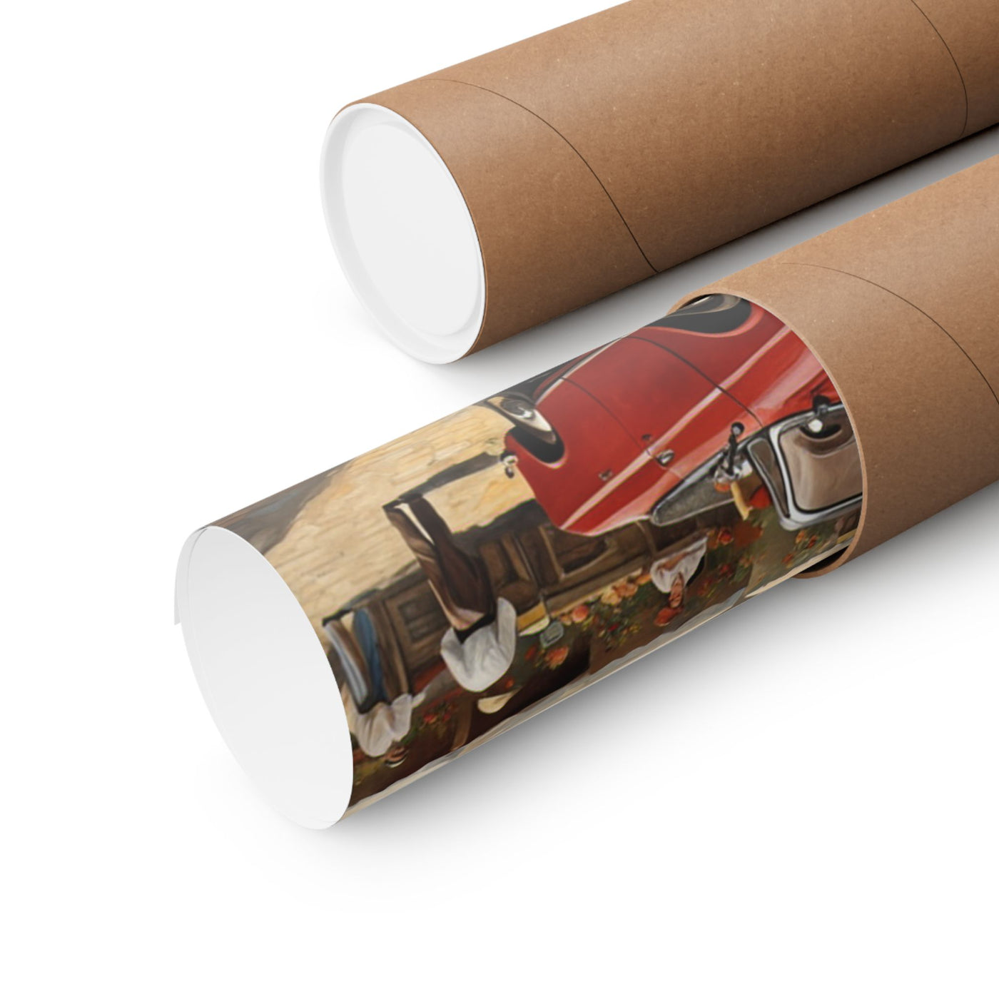 Charming Vintage Car Vertical Poster rolled up in a protective tube for easy storage and display