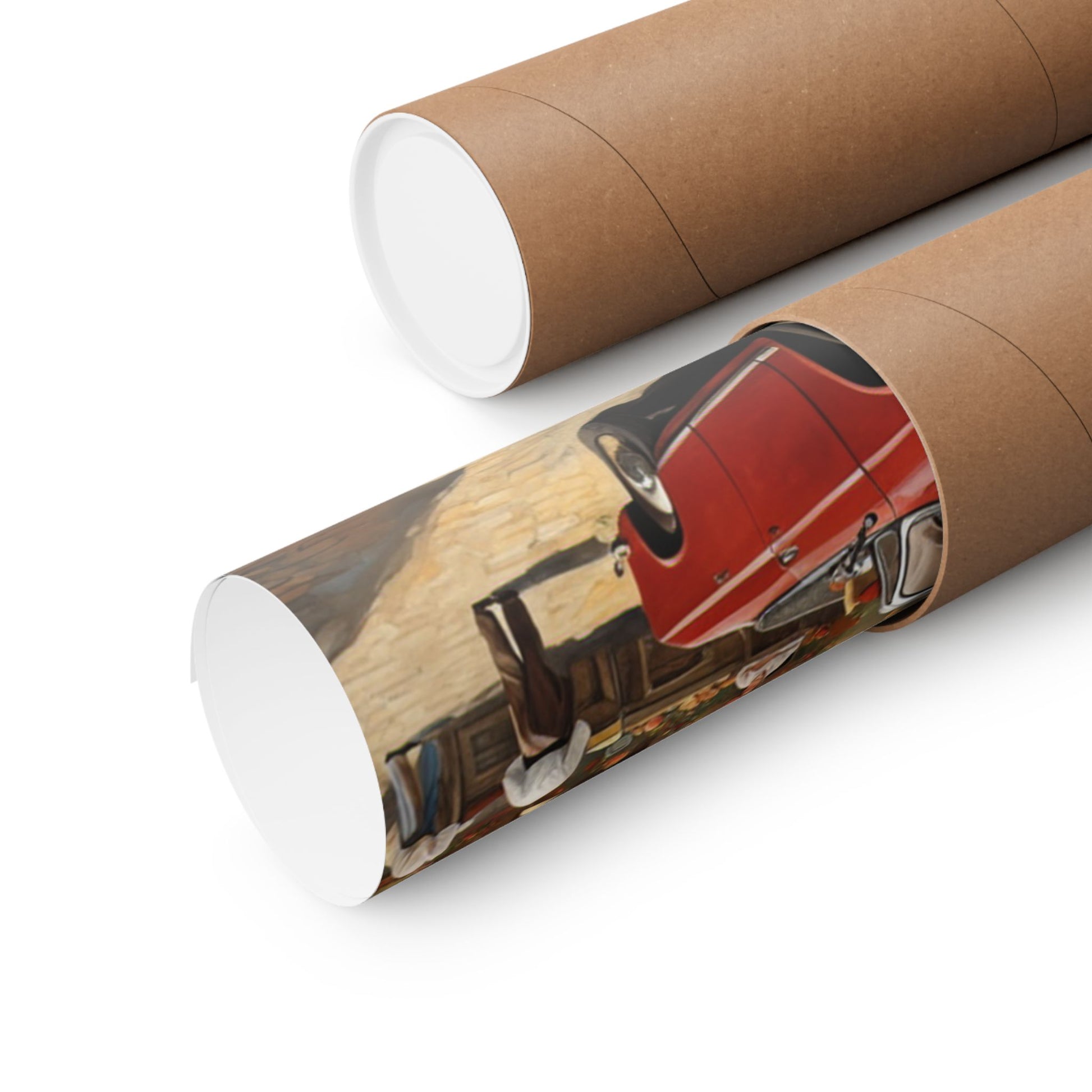Charming Vintage Car Vertical Poster rolled in a protective tube for easy storage and display