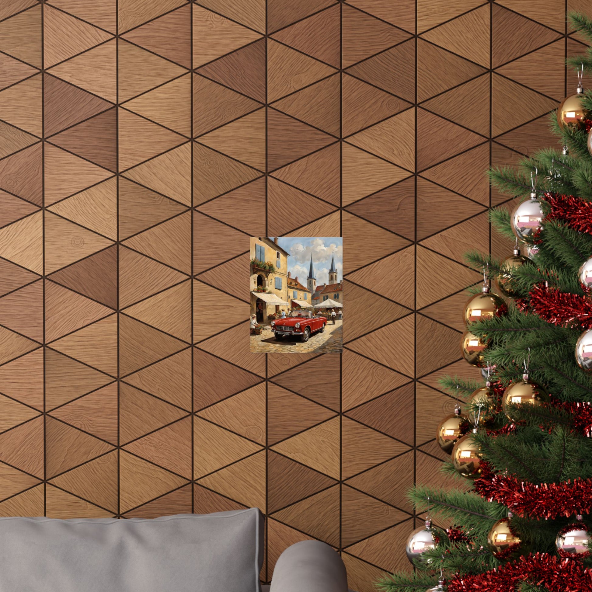 Charming Vintage Car Vertical Poster displayed on a geometric patterned wall near a Christmas tree