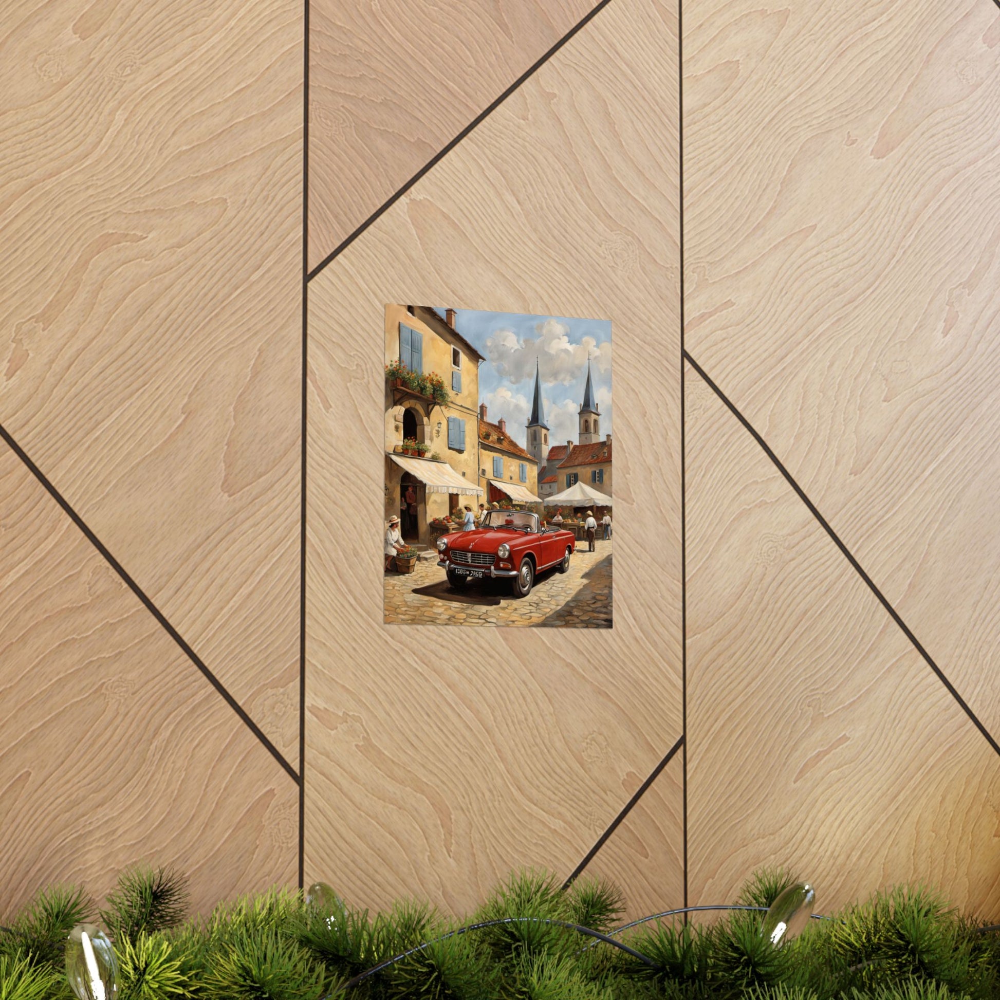 Charming Vintage Car Vertical Poster featuring a red classic car on a picturesque street