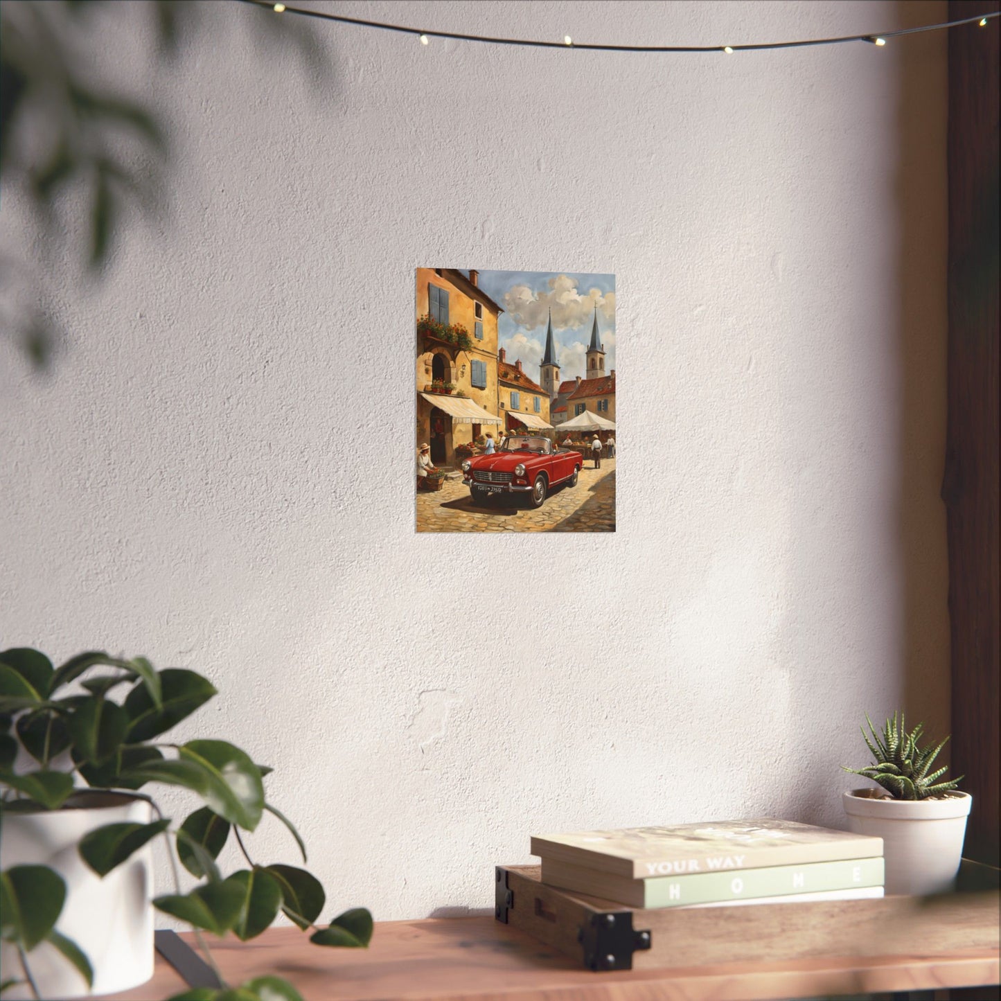 Charming Vintage Car Vertical Poster featuring a classic red car on a scenic street