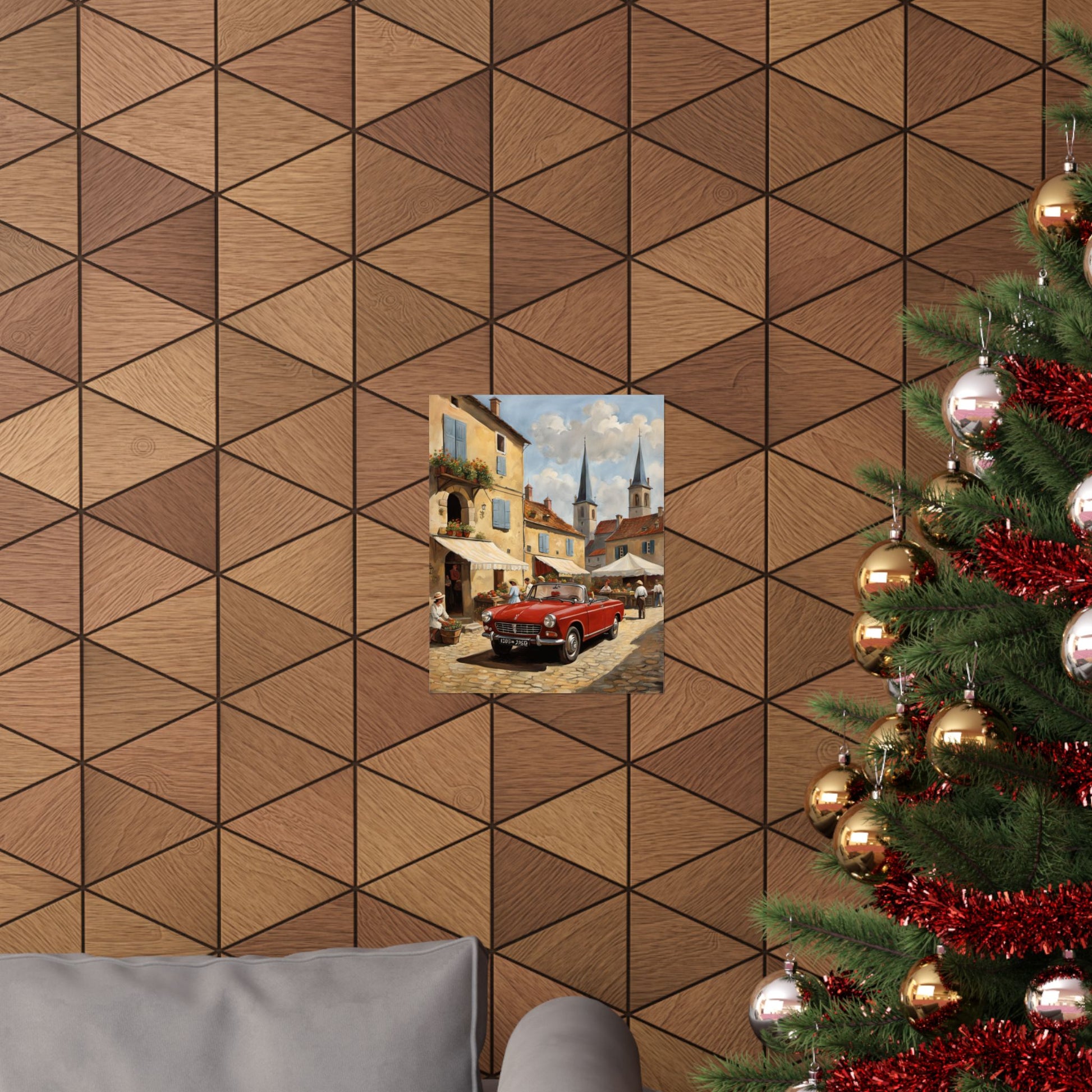 Charming Vintage Car Vertical Poster displayed on a textured wall amidst festive decorations