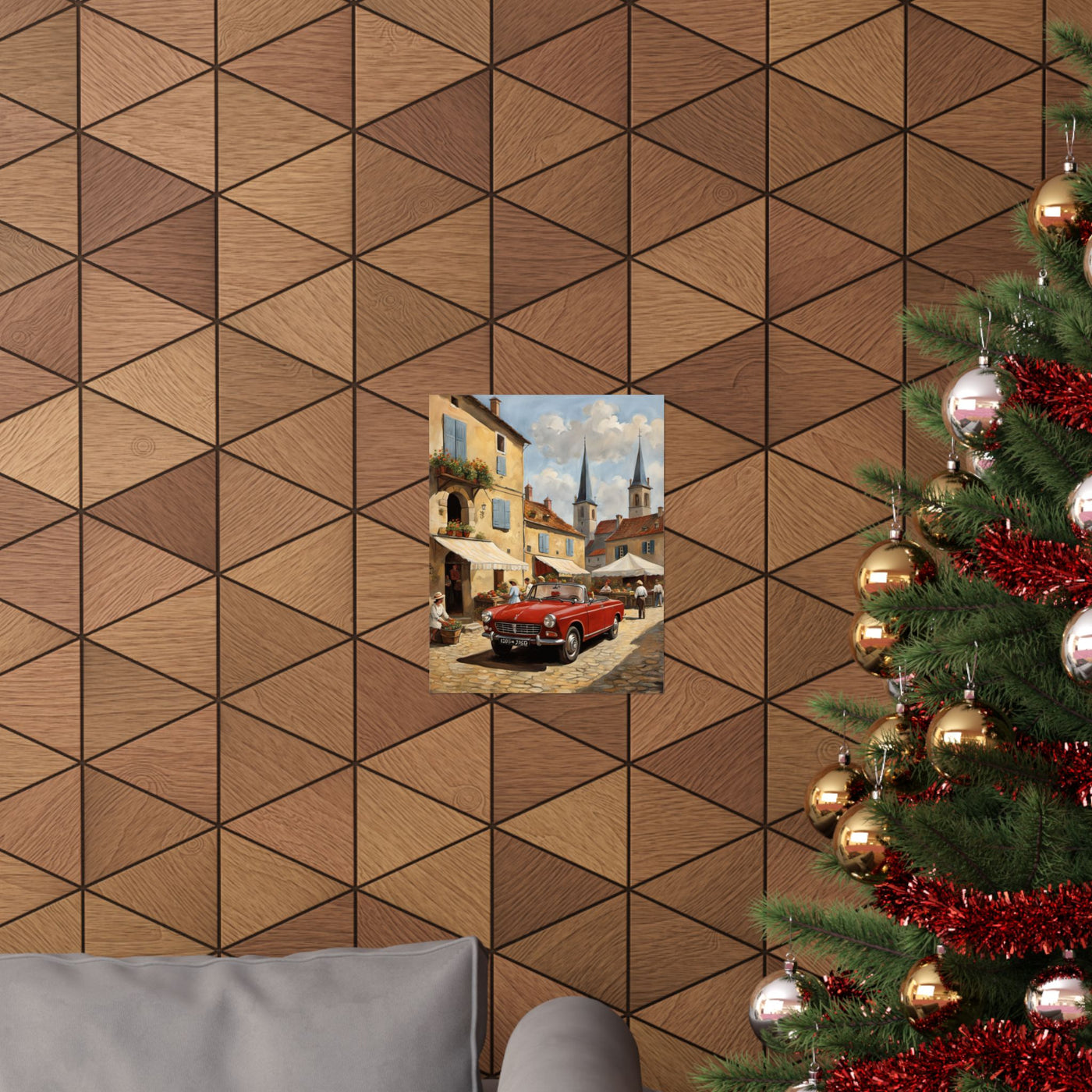 Charming Vintage Car Vertical Poster displayed on a textured wall amidst festive decorations
