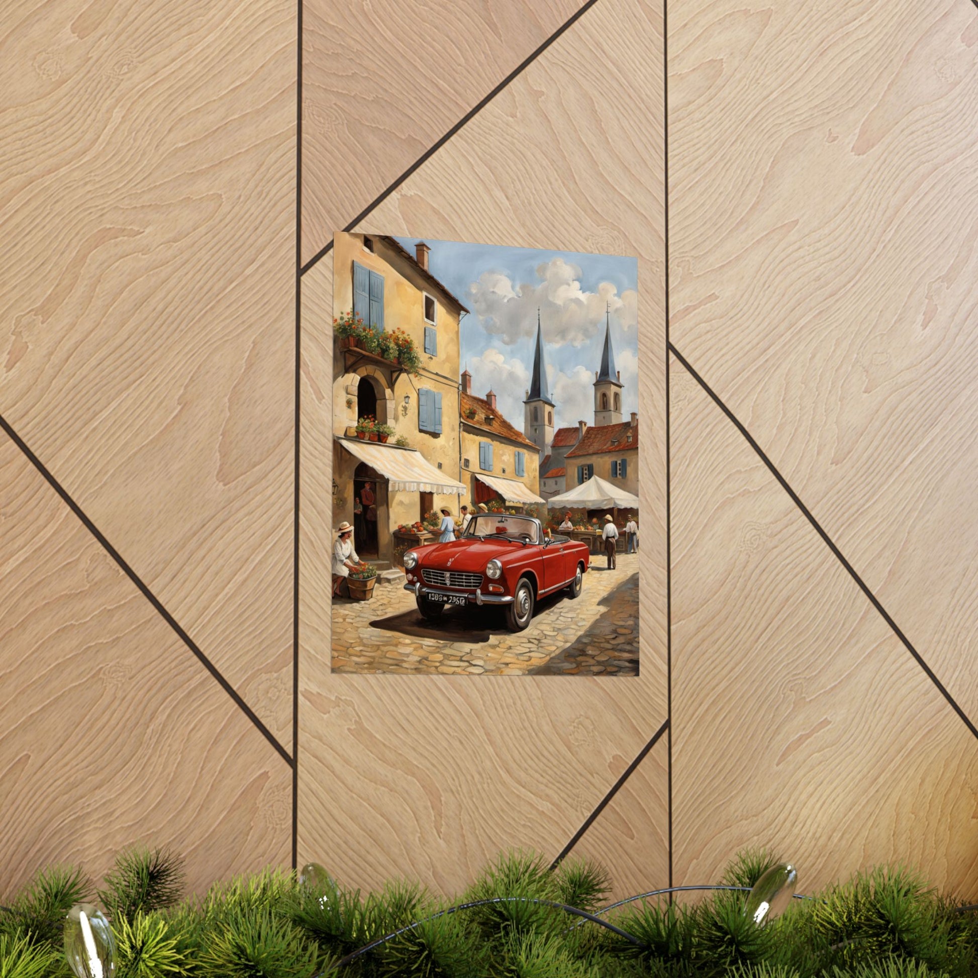 Charming Vintage Car Vertical Poster featuring a red car in a picturesque village setting