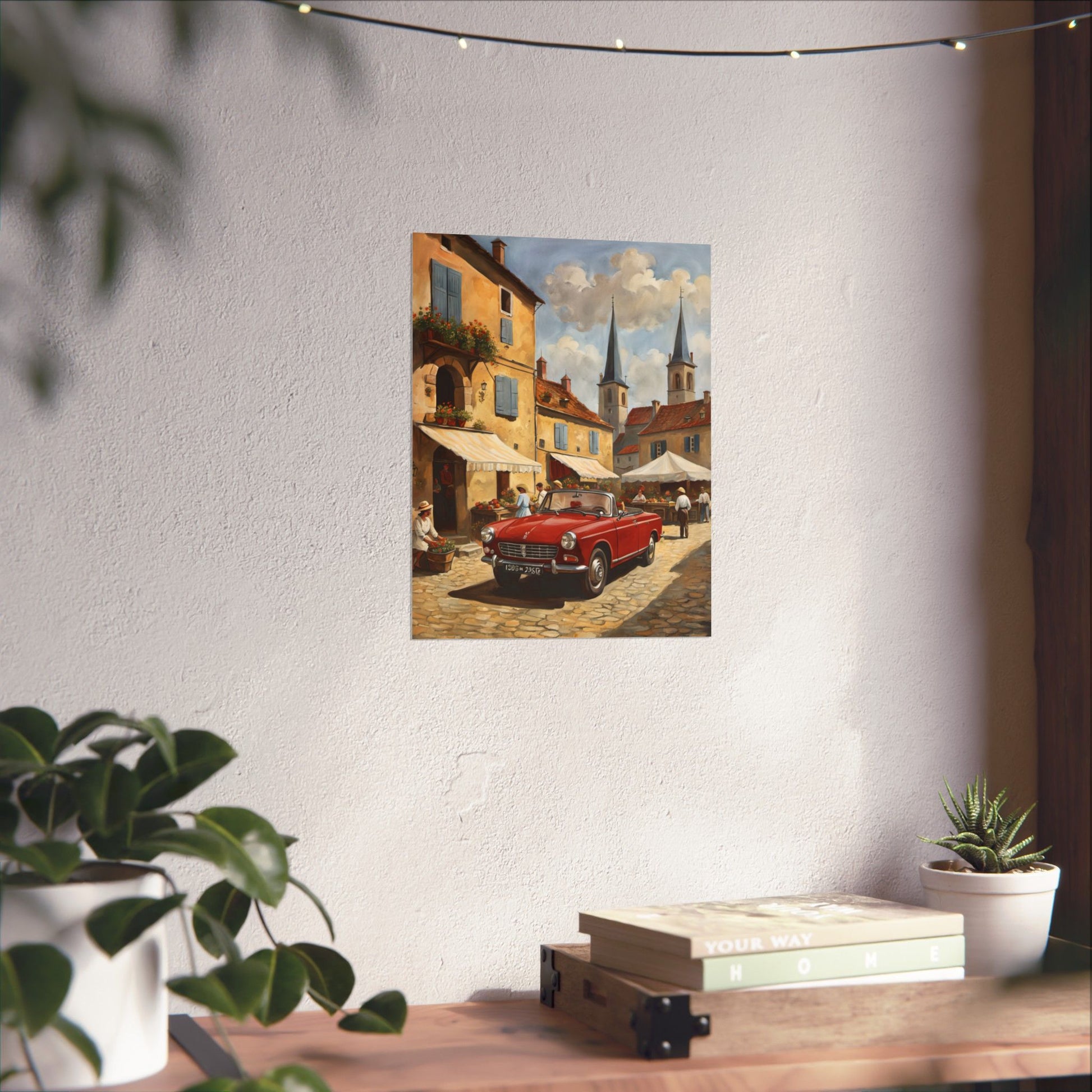 Charming Vintage Car Vertical Poster featuring a red car in a scenic village setting