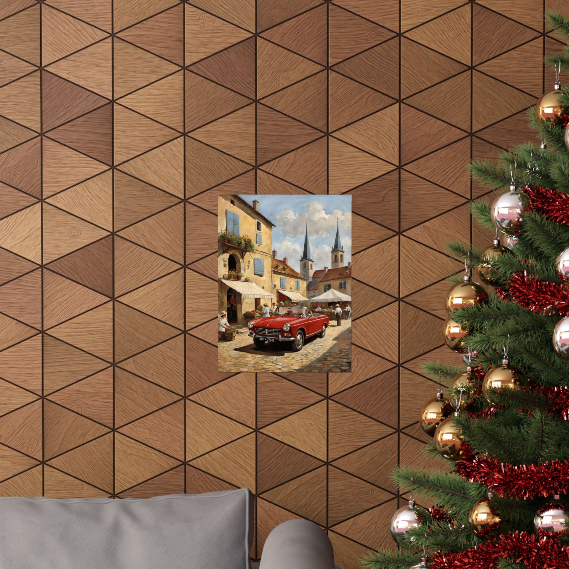Charming Vintage Car Vertical Poster displayed on a geometric patterned wall with Christmas tree decoration