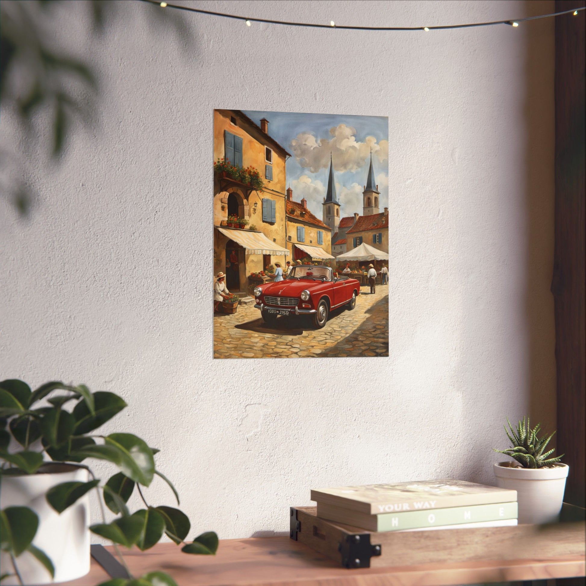 Charming Vintage Car Vertical Poster featuring a classic car in a picturesque street scene