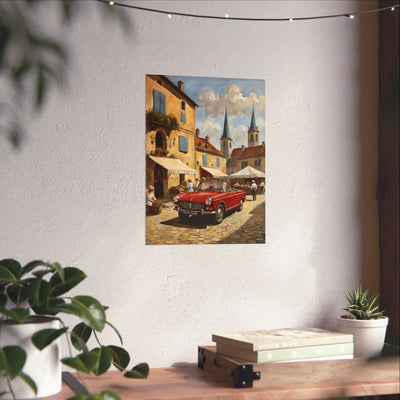 Charming Vintage Car Vertical Poster featuring a classic car in a picturesque street scene
