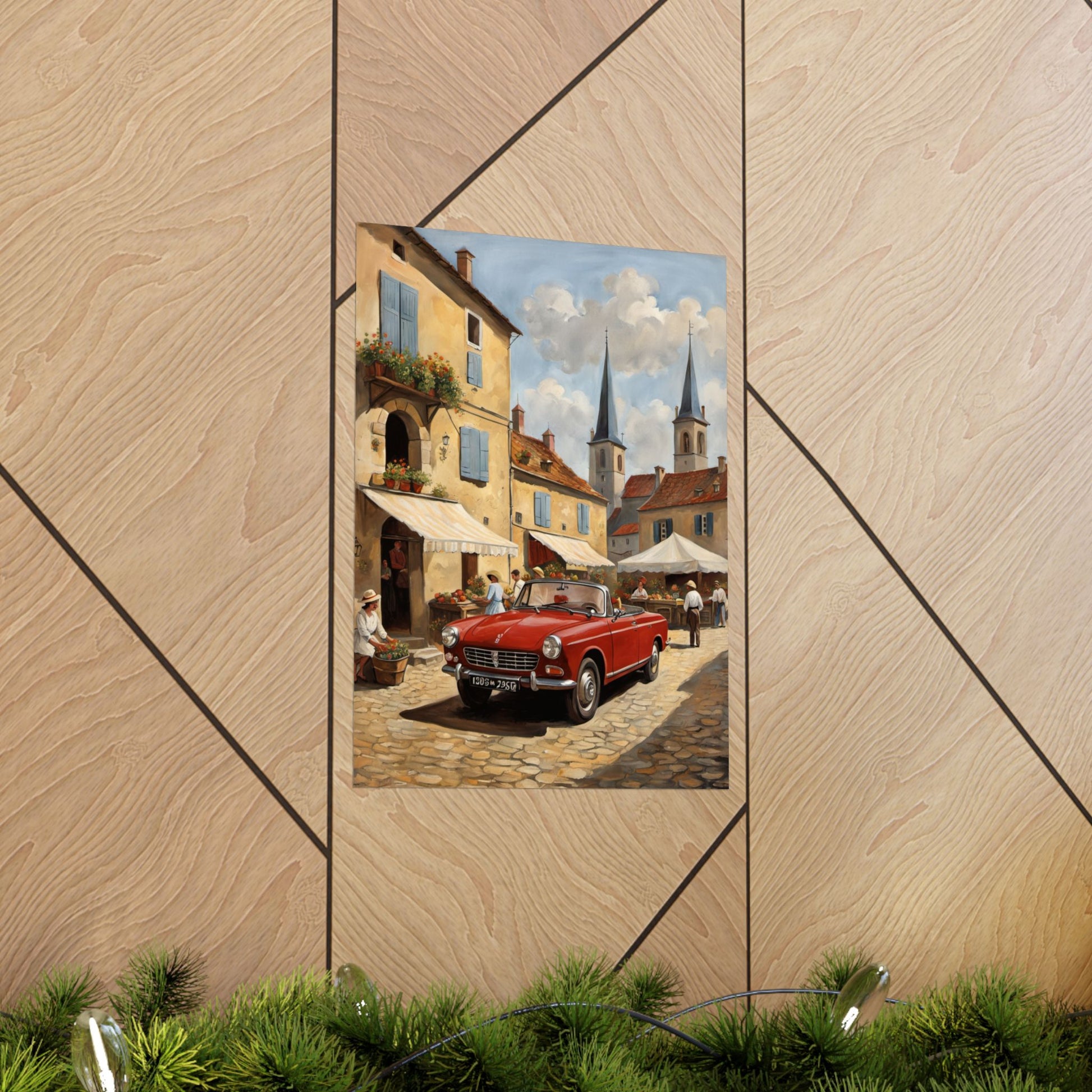 Charming Vintage Car Vertical Poster featuring a classic red car in a picturesque village setting