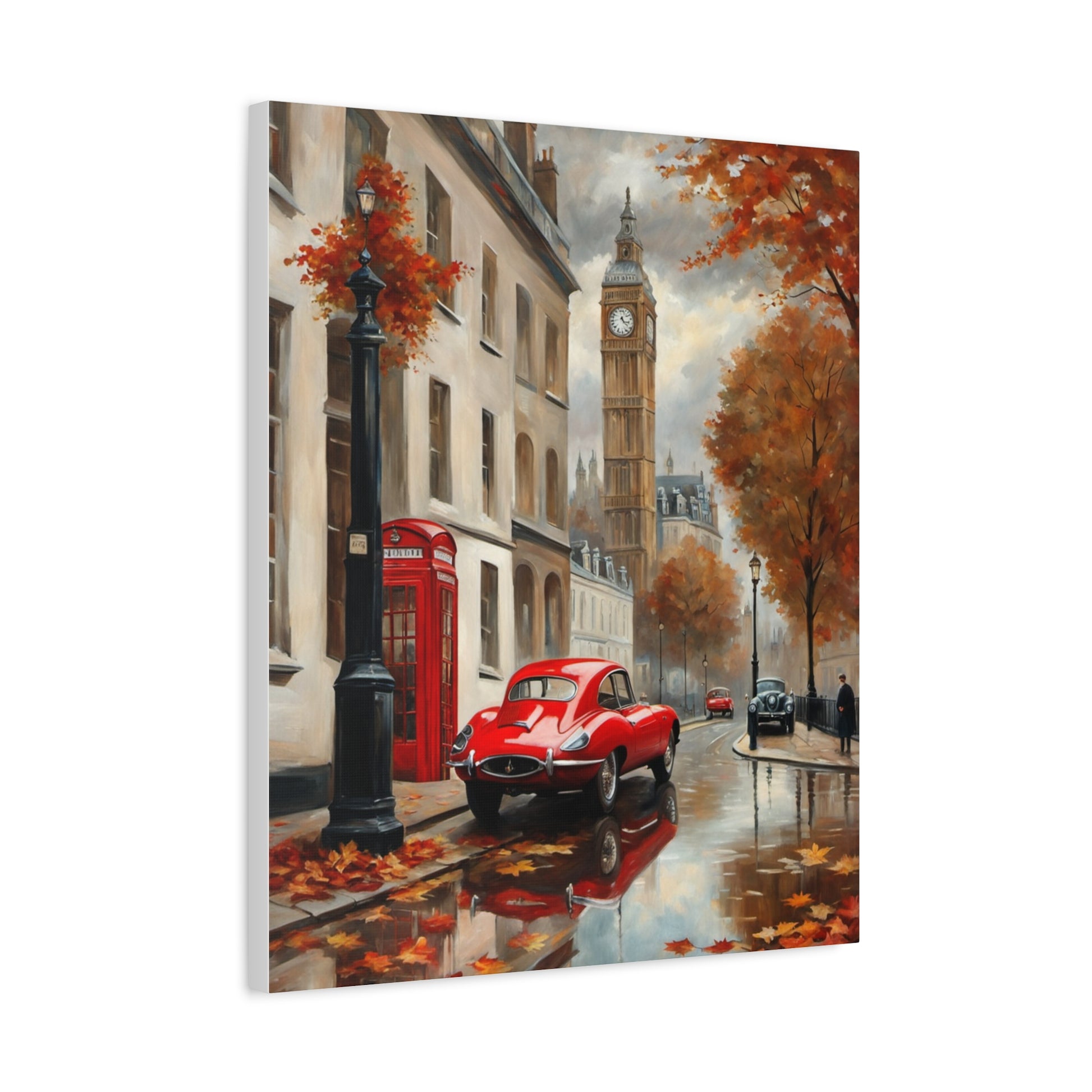 Cityscape Canvas Art featuring a vintage red car and iconic London scenery in autumn colors