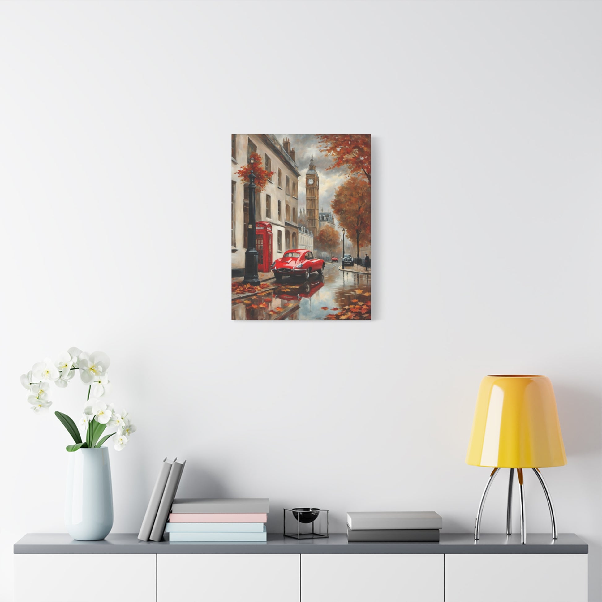 Beautiful Cityscape Canvas Art featuring a red phone booth and autumn scenery