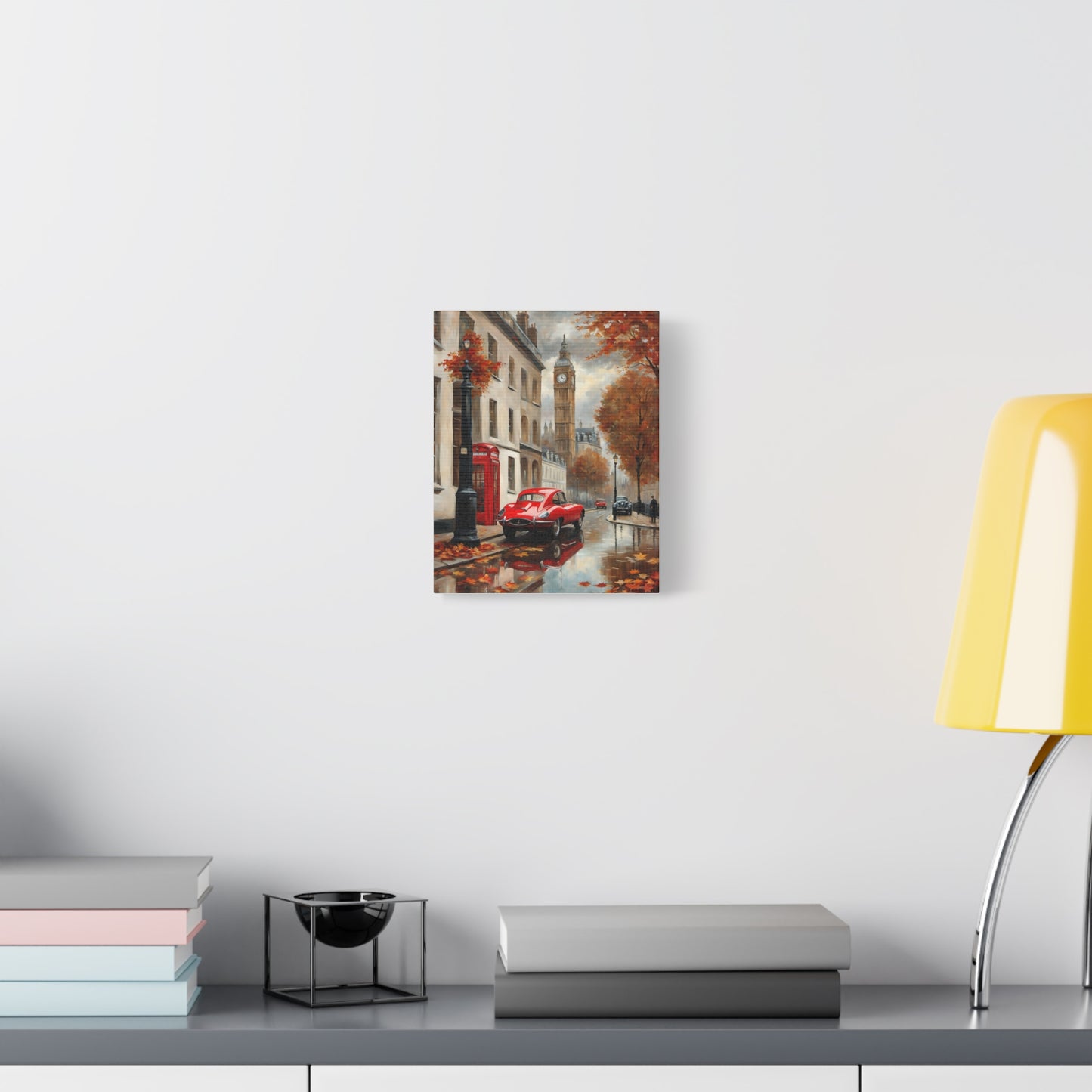 Cityscape Canvas Art featuring a rainy street with a red vintage car and autumn leaves