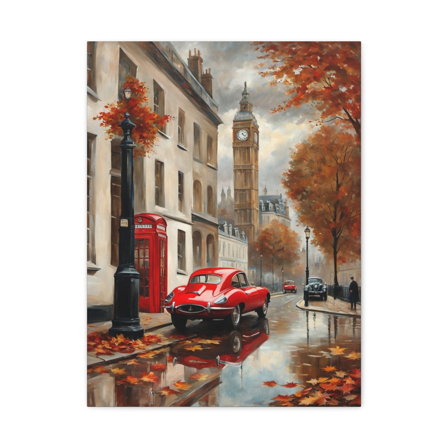Cityscape Canvas Art featuring a red vintage car near Big Ben in a rainy autumn setting