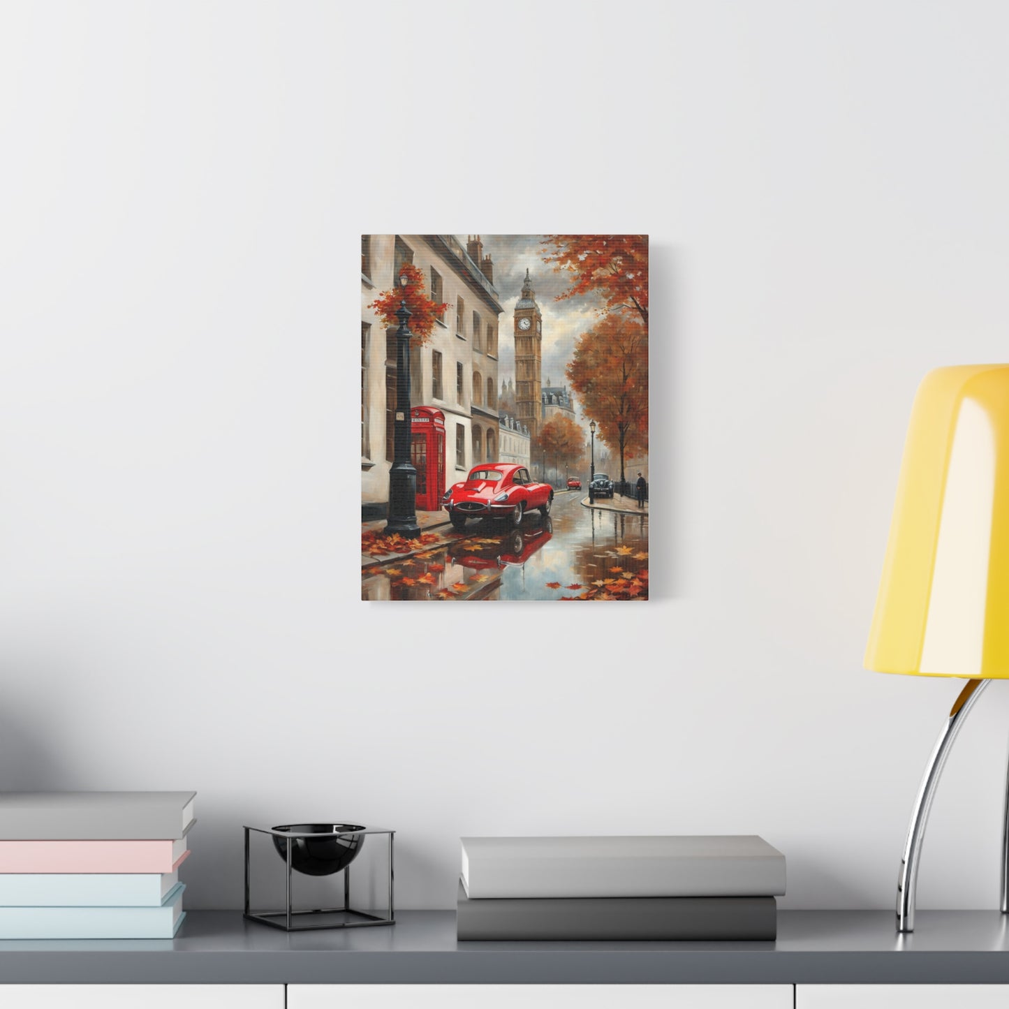 Cityscape Canvas Art featuring a rainy street scene with a red car and Big Ben in autumn colors