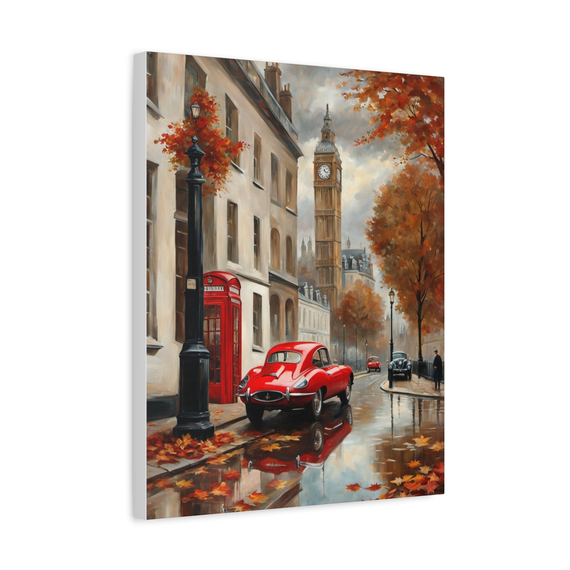 Cityscape Canvas Art featuring a red vintage car in an autumn street scene with Big Ben