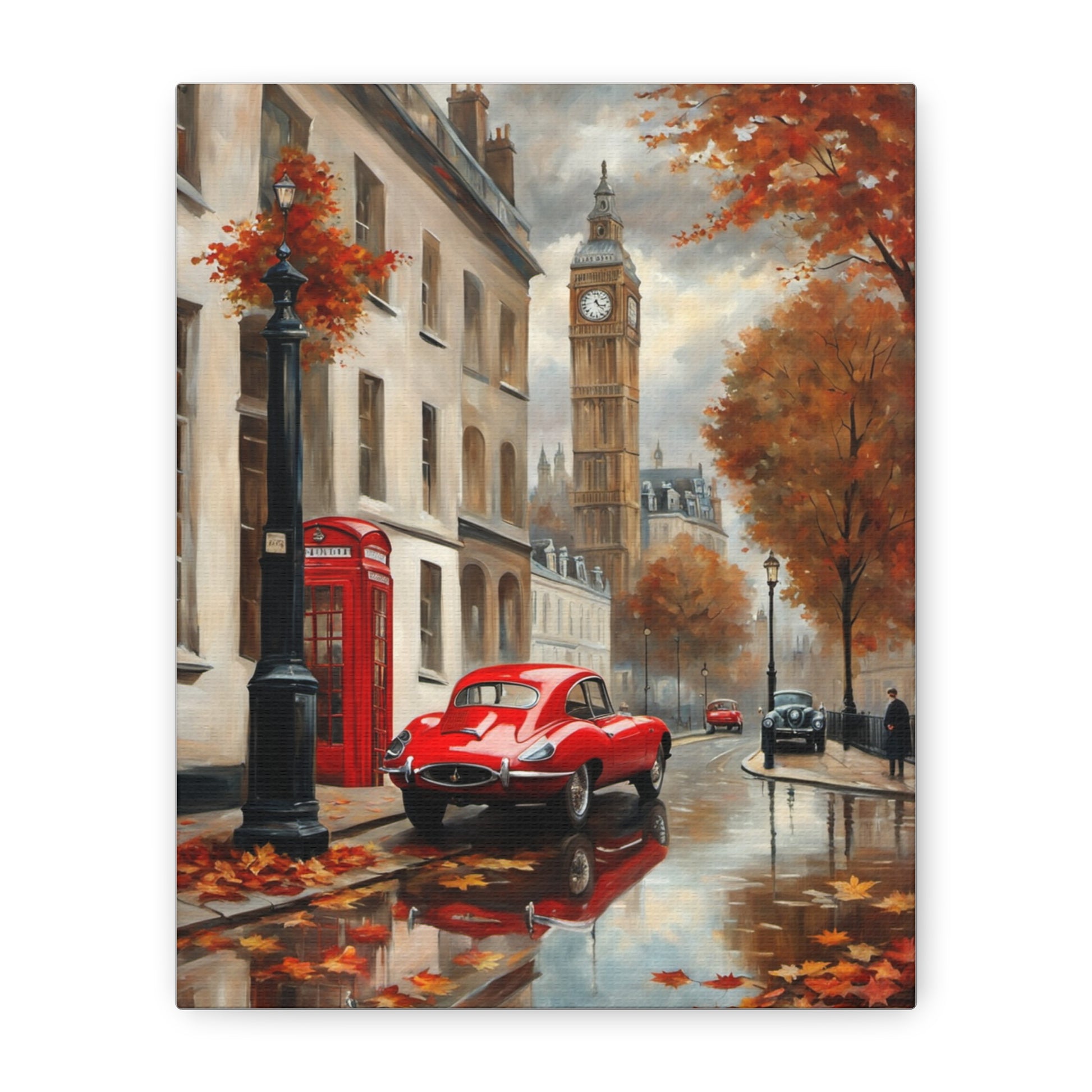 Cityscape Canvas Art featuring a red vintage car and autumn scenery near Big Ben