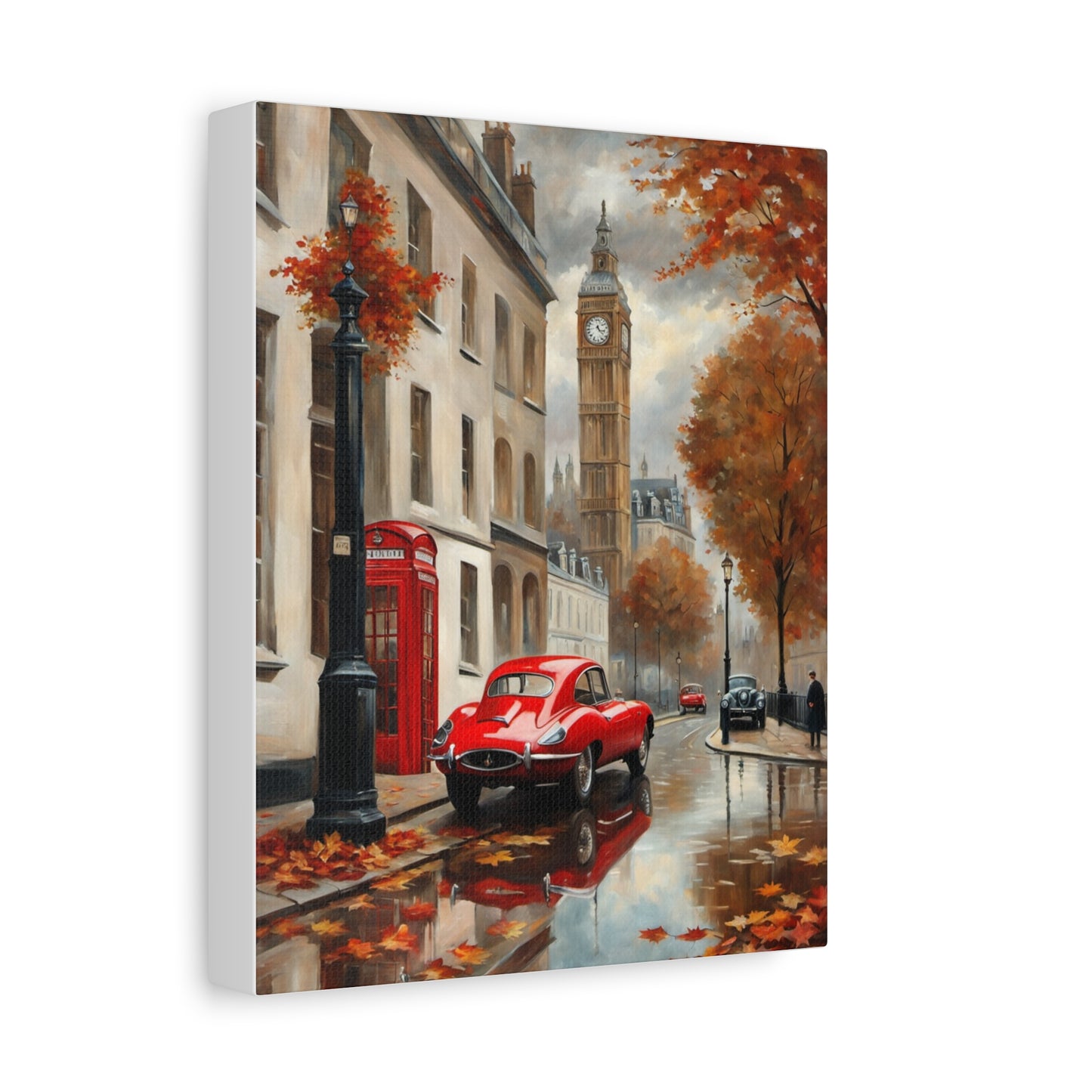 Cityscape Canvas Art featuring a red old car and Big Ben surrounded by autumn leaves
