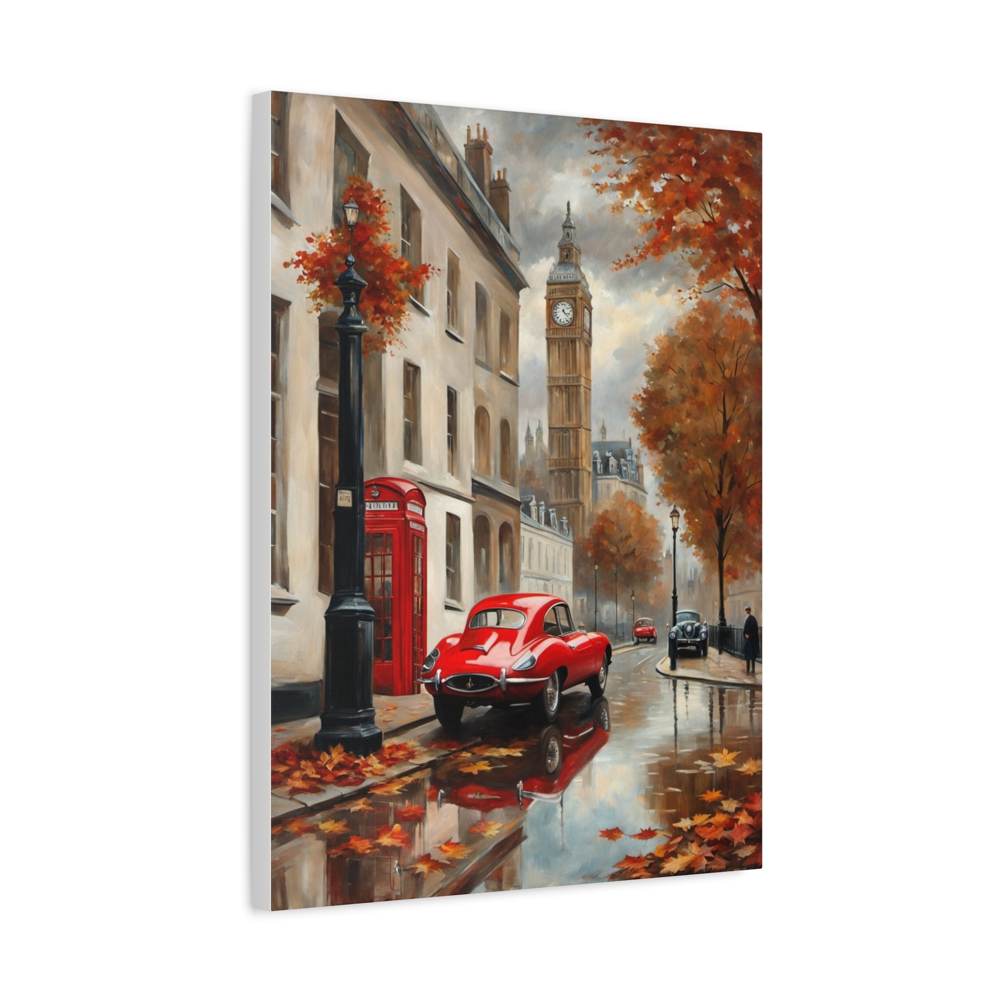 Cityscape Canvas Art featuring a red car and autumn leaves in a street scene