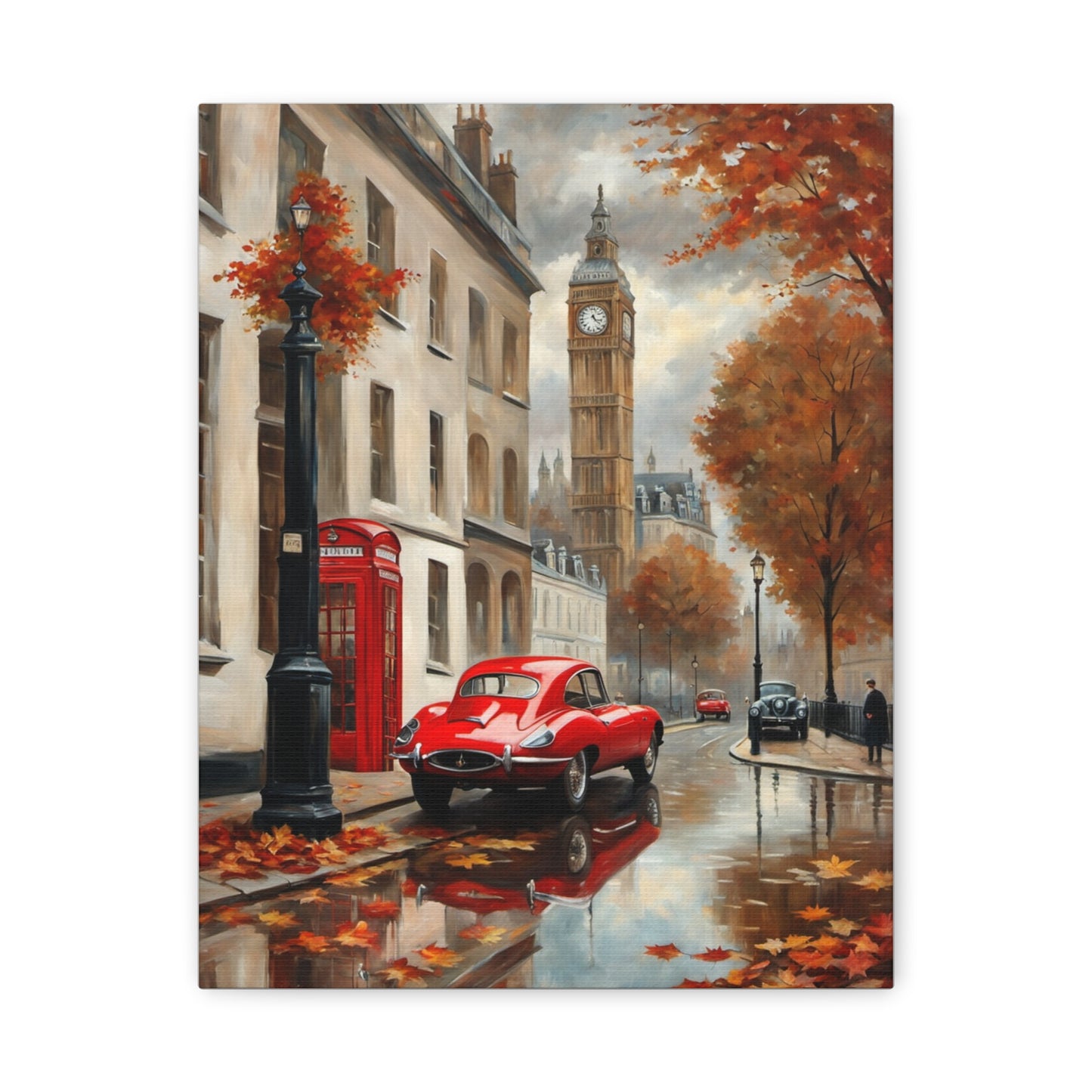 Cityscape Canvas Art featuring a red vintage car and Big Ben surrounded by autumn leaves