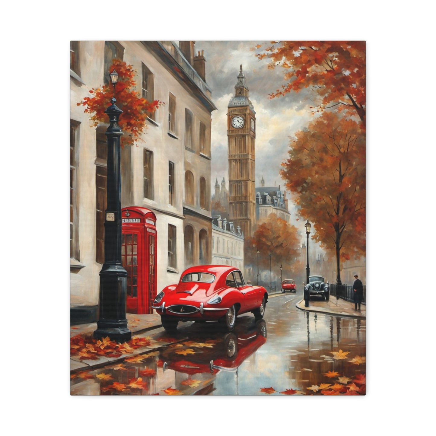 Cityscape Canvas Art featuring a red vintage car in autumn near Big Ben and a classic phone booth