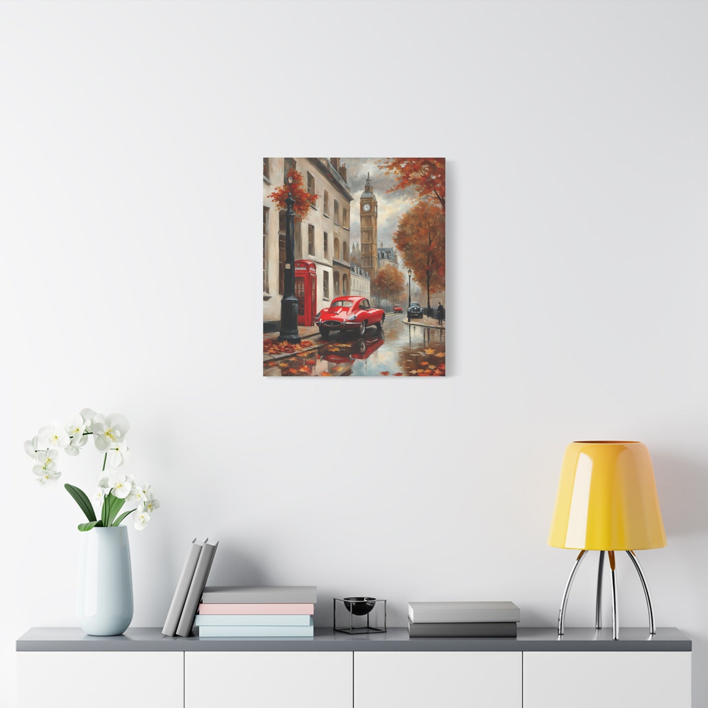 Cityscape Canvas Art depicting a rainy London street with red telephone box and classic car