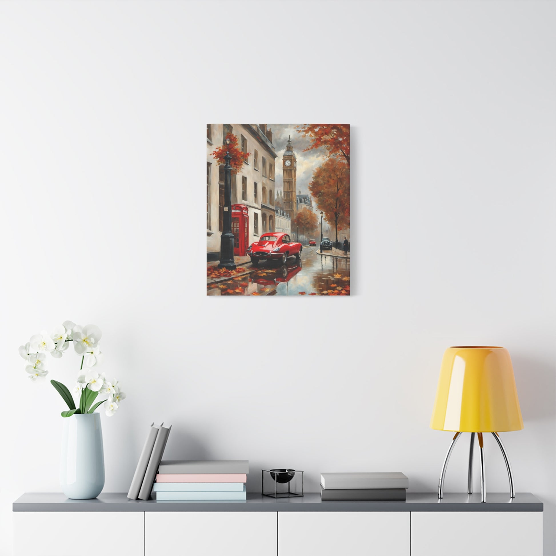 Cityscape Canvas Art depicting a rainy London street with red telephone box and classic car