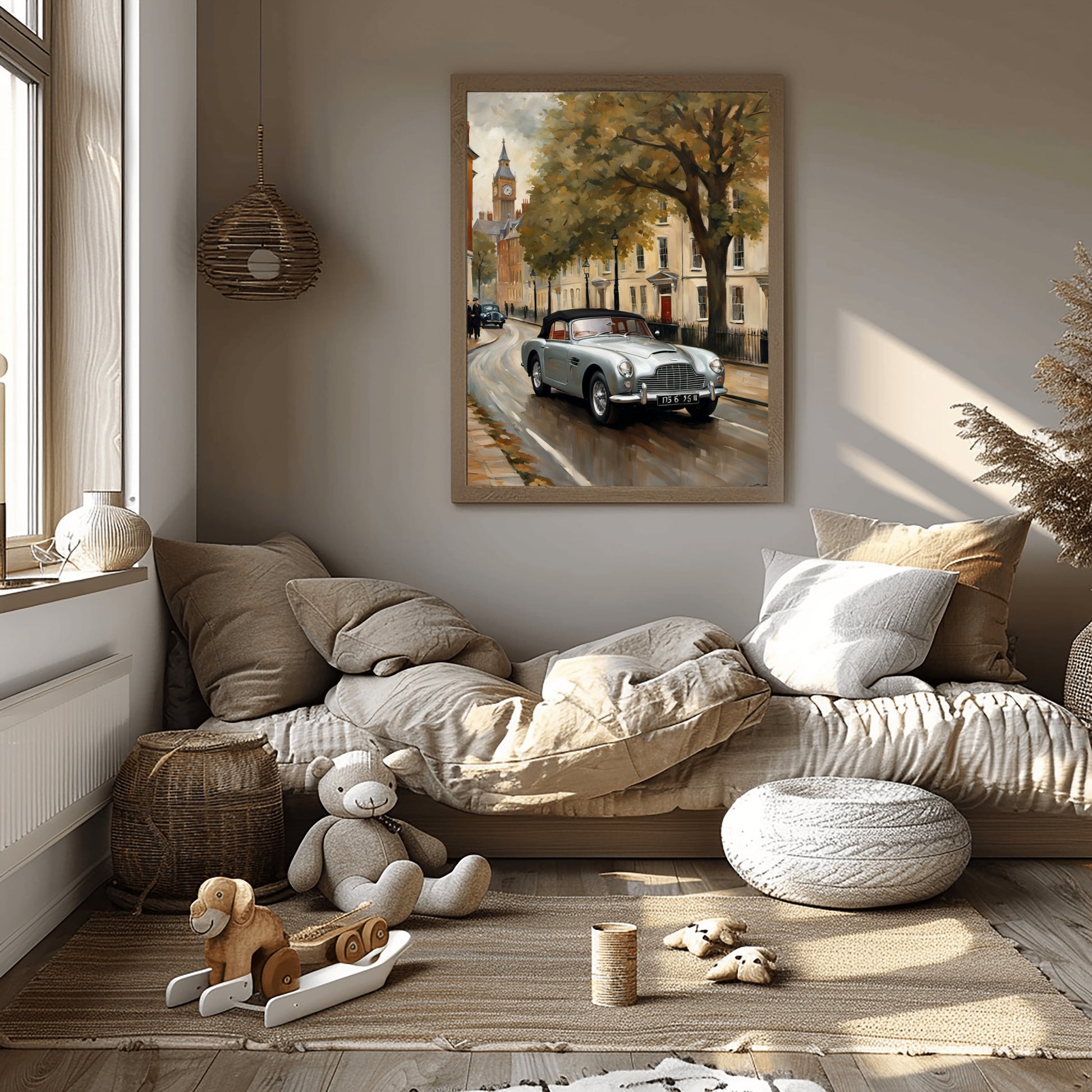 Classic 1950s roadster wall art depicting a vintage car on a rainy city street in a cozy living room