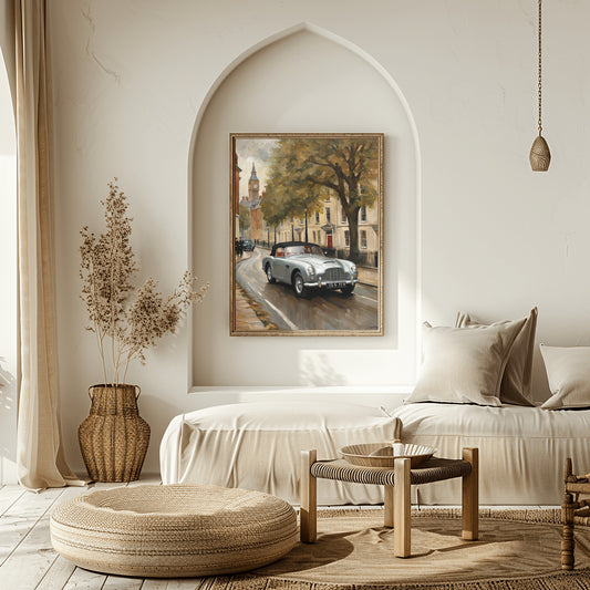 Classic 1950s roadster wall art hanging in a minimalist beige living room with natural decor
