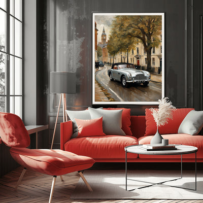 Classic 1950s roadster wall art by AquilVision displayed above red sofa in modern living room