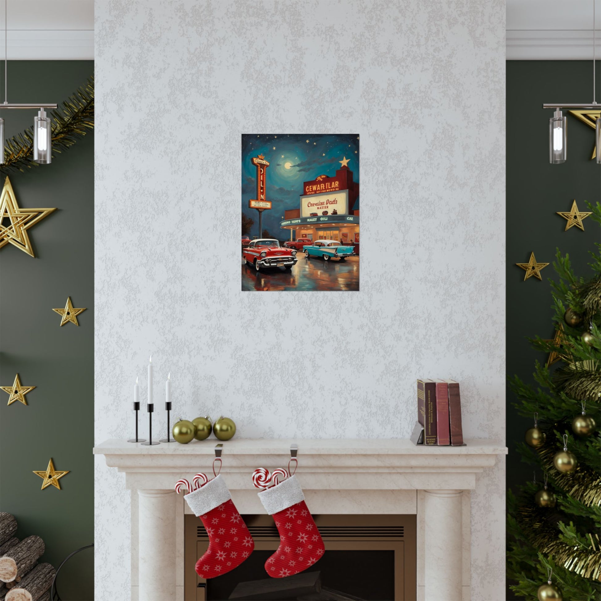 Classic automobile wall art print featuring vintage cars in front of a retro cinema on a cozy wall