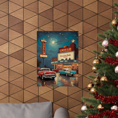 Vintage classic automobile wall art print featuring colorful cars in front of a retro diner