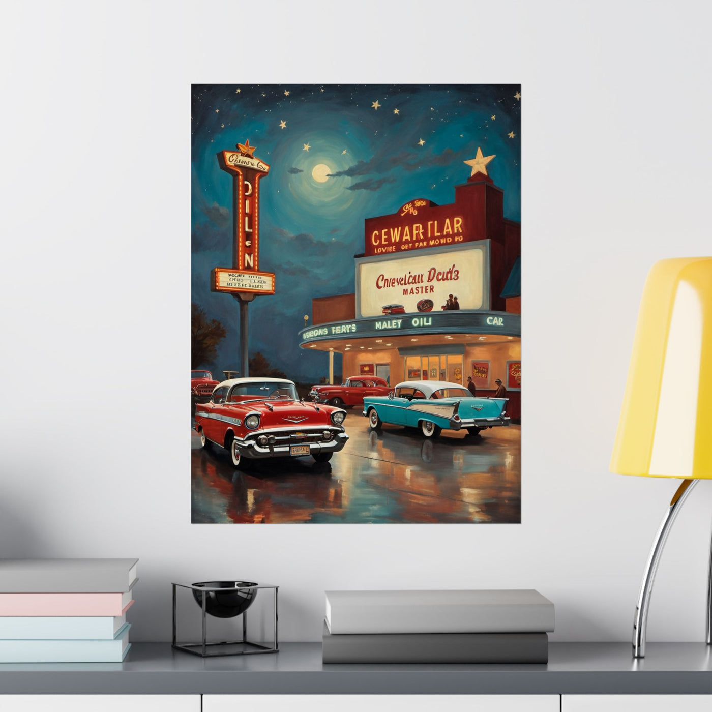 Classic automobile wall art print featuring vintage cars in front of a diner under the night sky